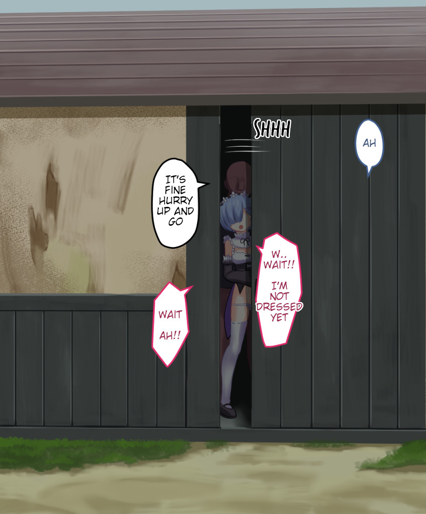 1boy, 1girls, after sex, blue hair, dark skin, dark-skinned male, dialogue, english text, female, interracial, light skin, light-skinned female, male, mihonsyoko, netorare, ntr, petite, re:zero kara hajimeru isekai seikatsu, rem (re:zero), size difference, text
