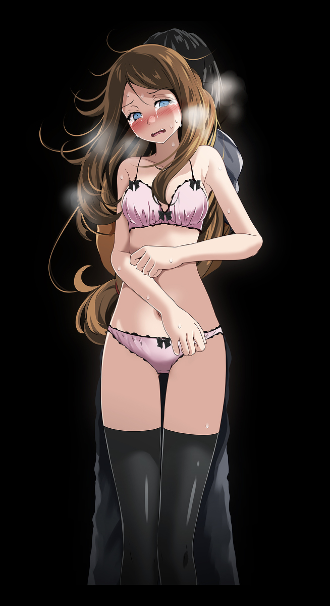 1girls, big breasts, black legwear, black thighhighs, blue eyes, blush, bra, breasts, brown hair, clothing, crying, female, forced, forced exposure, humiliation, legs together, long hair, matching underwear, open mouth, panties, pink bra, pink panties, pokemon, serena (pokemon), tears, thighhighs, tsukishiro saika, underwear