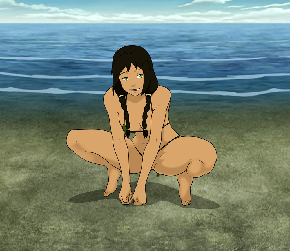 anaxus, avatar the last airbender, beach, black hair, breasts, dark skin, dark-skinned female, earth kingdom, female, female only, green eyes, jin (avatar), medium breasts, micro bikini, nickelodeon, partially clothed, sand, smiling, solo, swimsuit, tan skin, teenager, twin braids