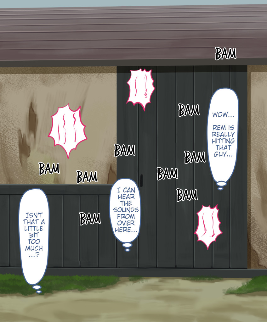 dialogue, english text, hidden sex, mihonsyoko, netorare, ntr, offscreen sex, out-of-frame censoring, re:zero kara hajimeru isekai seikatsu, rem (re:zero), text