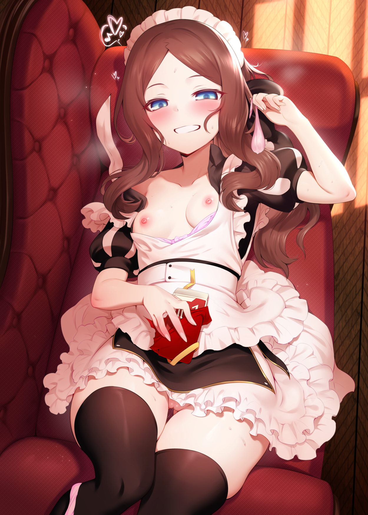 1girls, apron, bad id, bad pixiv id, bangs, black dress, black legwear, blue eyes, blush, breasts, brown hair, commentary request, condom, condom box, couch, dress, fate (series), fate/grand order, female, female only, forehead, grin, highres, leonardo da vinci (fate/grand order), leonardo da vinci (rider) (fate), long hair, looking at viewer, lying, m-da s-tarou, maid headdress, nipples, on back, panties, panties around one leg, parted bangs, puffy short sleeves, puffy sleeves, short sleeves, small breasts, smile, solo, thighhighs, thighs, underwear, used condom, white apron, wide hips