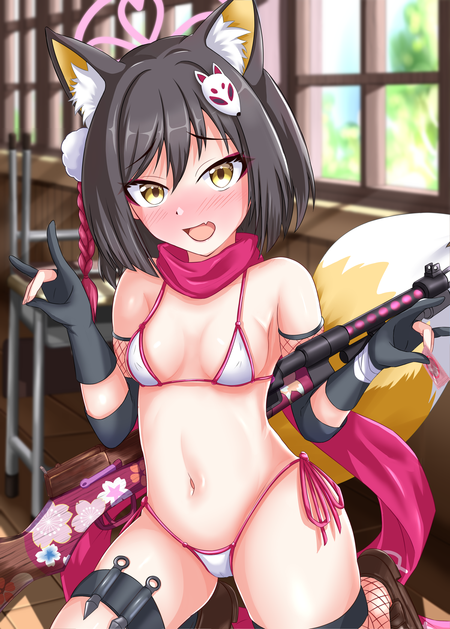1girls, allied hyakkiyako academy student, animal ears, bikini, black hair, blue archive, blush, breasts, classroom, collarbone, female, fox ears, fox girl, fox shadow puppet, fox tail, gloves, gun, highres, indoors, izuna (blue archive), micro bikini, moruto purikone, navel, ninjutsu research club (blue archive), oerba yun fang, school uniform, short hair, small breasts, solo, swimsuit, tail, weapon, yellow eyes