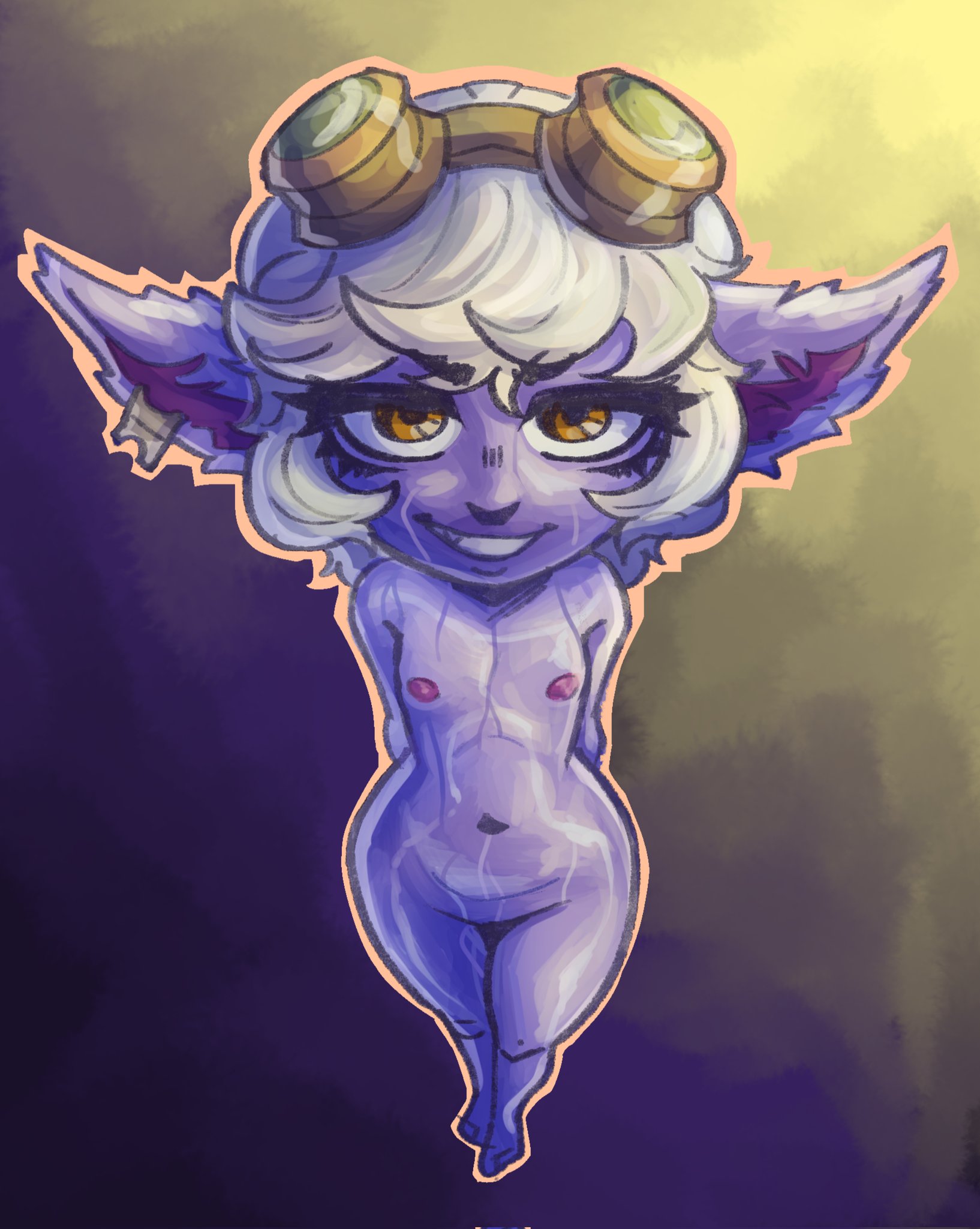 1girls, ardentdreamz, breasts, female, flat chest, flat chested, furry, league of legends, looking at viewer, pinup, shortstack, thick legs, thick thighs, tiny breasts, tristana, wide hips, yordle