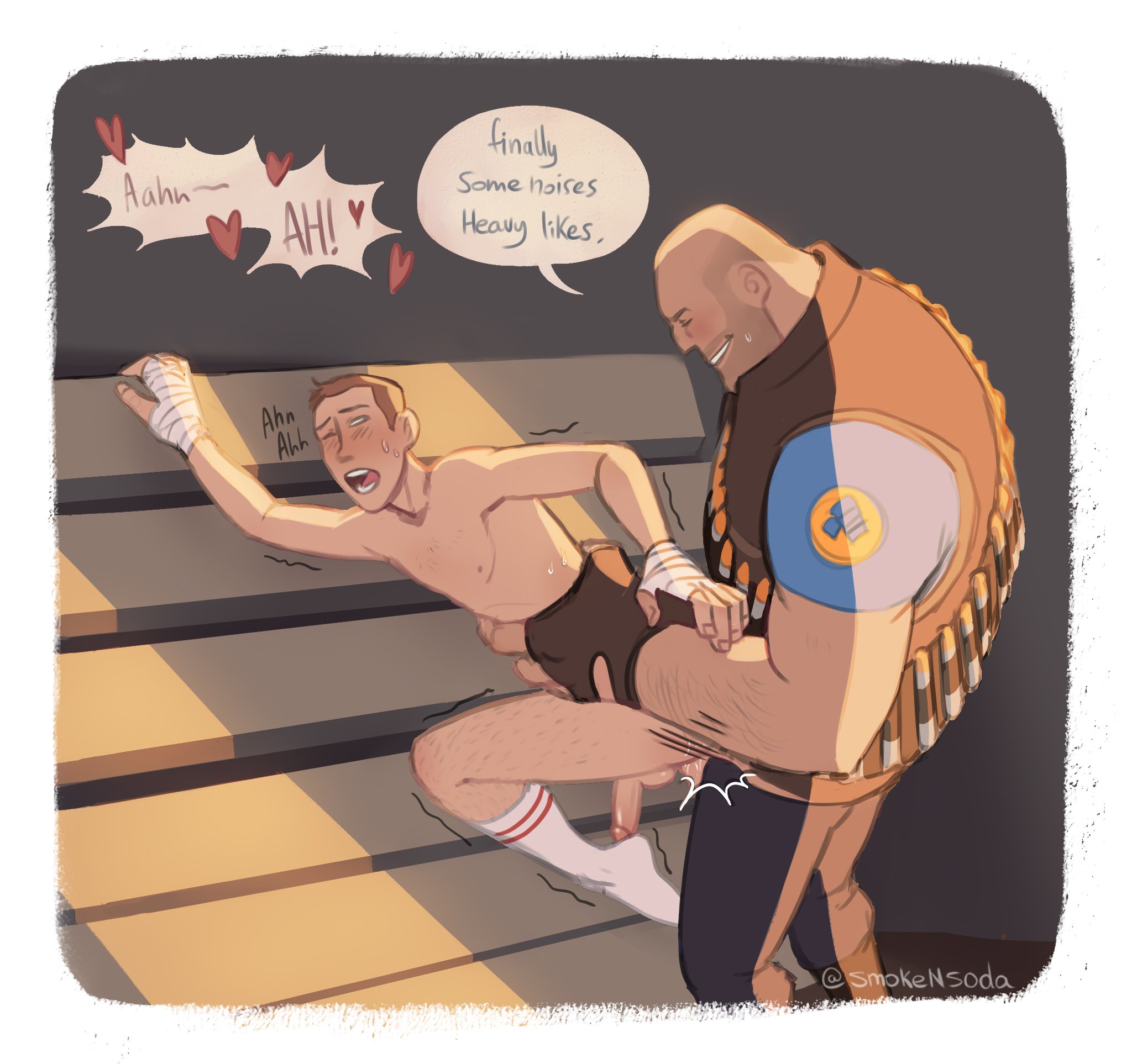 against wall, age difference, anal, anal sex, arched back, back arch, brat, bratty correction, clothed male nude male, cmnm, dialogue, domination, erect while penetrated, from behind, fucked from behind, fucked into submission, gasping, gay, heavy (team fortress 2), heavy weapons guy, held down, holding down, huge cock, leg up, looking pleasured, male, male only, moaning, older male, older penetrating younger, one leg up, open mouth, panting, part of a set, penis, pleasure face, rough sex, scout (team fortress 2), size difference, smokensoda, smug, spoken heart, team fortress 2, teasing, thrusting into ass, trembling, trembling for pleasure, twink, yaoi