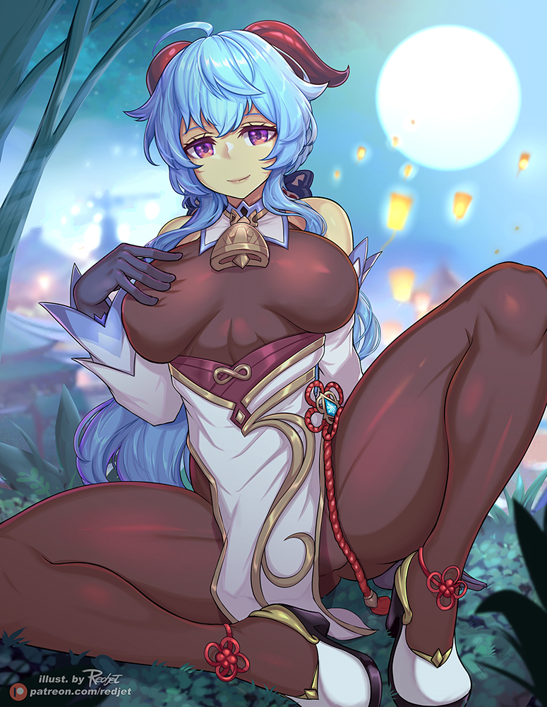 1girls, big breasts, blue hair, breasts, eye contact, female, fully clothed, ganyu (genshin impact), genshin impact, grabbing own breast, horns, long hair, looking at viewer, nipple bulge, pantyhose, redjet, shiny clothes, solo, thick thighs, thighs, tight clothing