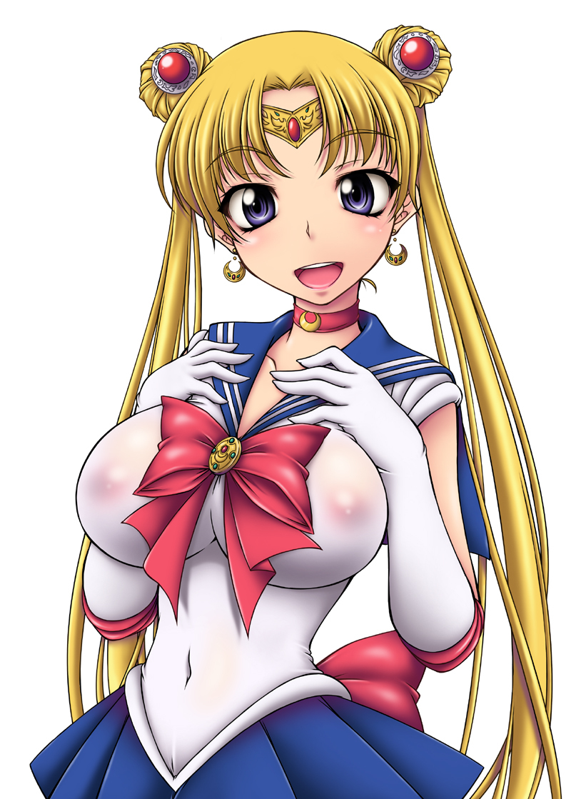 areola bishoujo_senshi_sailor_moon blonde_hair blue_eyes breasts busty choker cleavage double_bun earrings female gloves hourglass_figure long_hair nipples onizuka_takuto sailor_moon school_uniform see-through uniform usagi_tsukino voluptuous