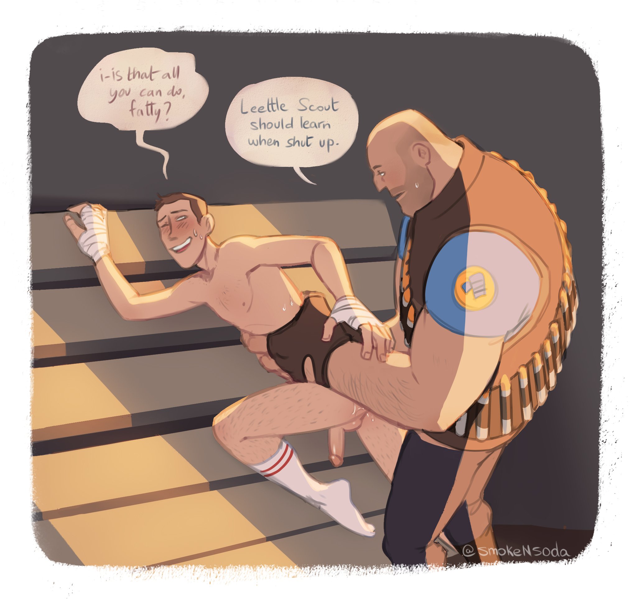 against wall, age difference, anal, anal sex, blush, brat, bratty correction, clothed male nude male, cmnm, dialogue, domination, erect while penetrated, from behind, fucked from behind, gay, heavy (team fortress 2), heavy weapons guy, huge cock, leg up, male, older male, older penetrating younger, one leg up, part of a set, penis, scout (team fortress 2), size difference, smokensoda, smug, team fortress 2, thrusting into ass, twink, yaoi