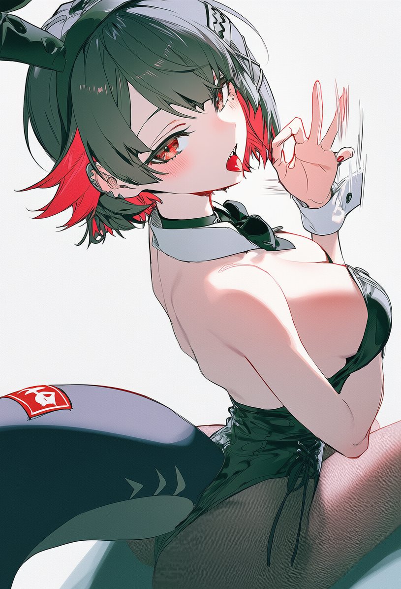 1girls, ai generated, ass, bare shoulders, black bunnysuit, black hair, blush, breasts, bunnysuit, clothed, clothing, collar, ellen joe, female, hoyoverse, light skin, light-skinned female, looking at viewer, mihoyo, multicolored hair, ok sign, pantyhose, playboy bunny, provocative, rabbit ears, red eyes, red hair, shark tail, simple background, sitting, smooth skin, solo, solo female, timmytommy, tongue, tongue out, white background, zenless zone zero