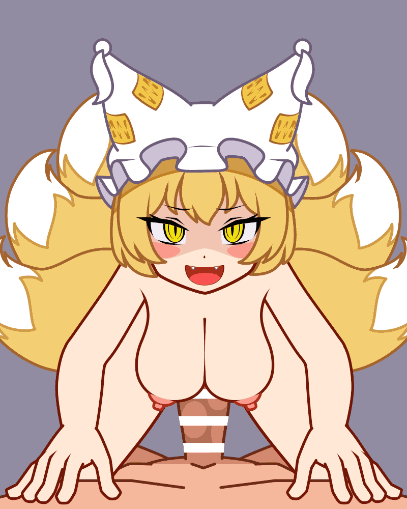 1boy, animal hat, animated, arm support, assertive female, bad source, bar censor, blonde hair, blush, bouncing breasts, breasts, censored, collarbone, commentary request, completely nude, cowgirl position, dot nose, fangs, female, female on top, femdom, fox tail, hands on another's chest, hat, large breasts, looking at viewer, male, multi tail, navel, nipples, nude, ofuda, ofuda on clothes, open mouth, pov, pussy, ran yakumo, sex, shaded face, shinoda404, short hair, simple background, slit pupils, straddling, straight, tail, tongue, touhou, vaginal penetration, white hat, yakumo ran, yellow eyes