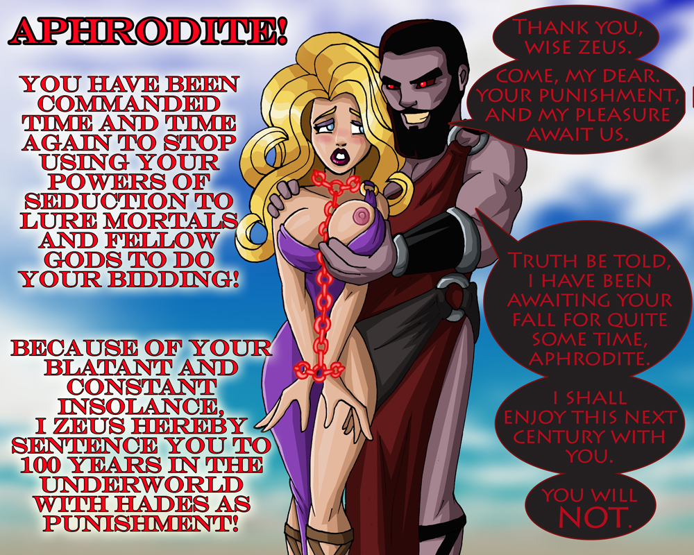 1boy 1girls aphrodite aphrodite_(greek_mythology) areola boomerjp deity dialogue english_text greek_mythology hades_(mythology) maledom mythology public_domain