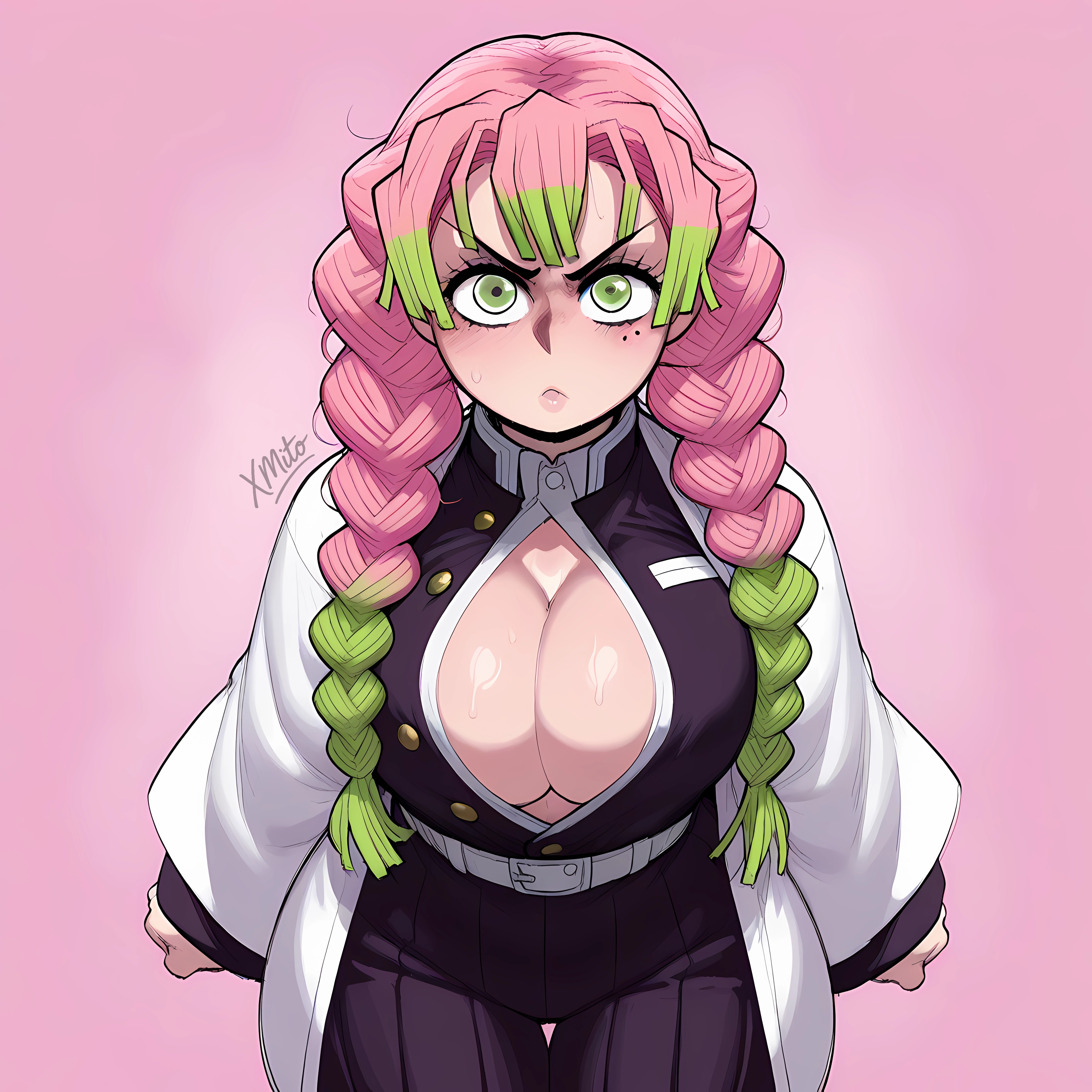 ai assisted, ai generated, big breasts, blush, breasts, demon slayer, female, kimetsu no yaiba, mitsuri kanroji, tagme, xmito