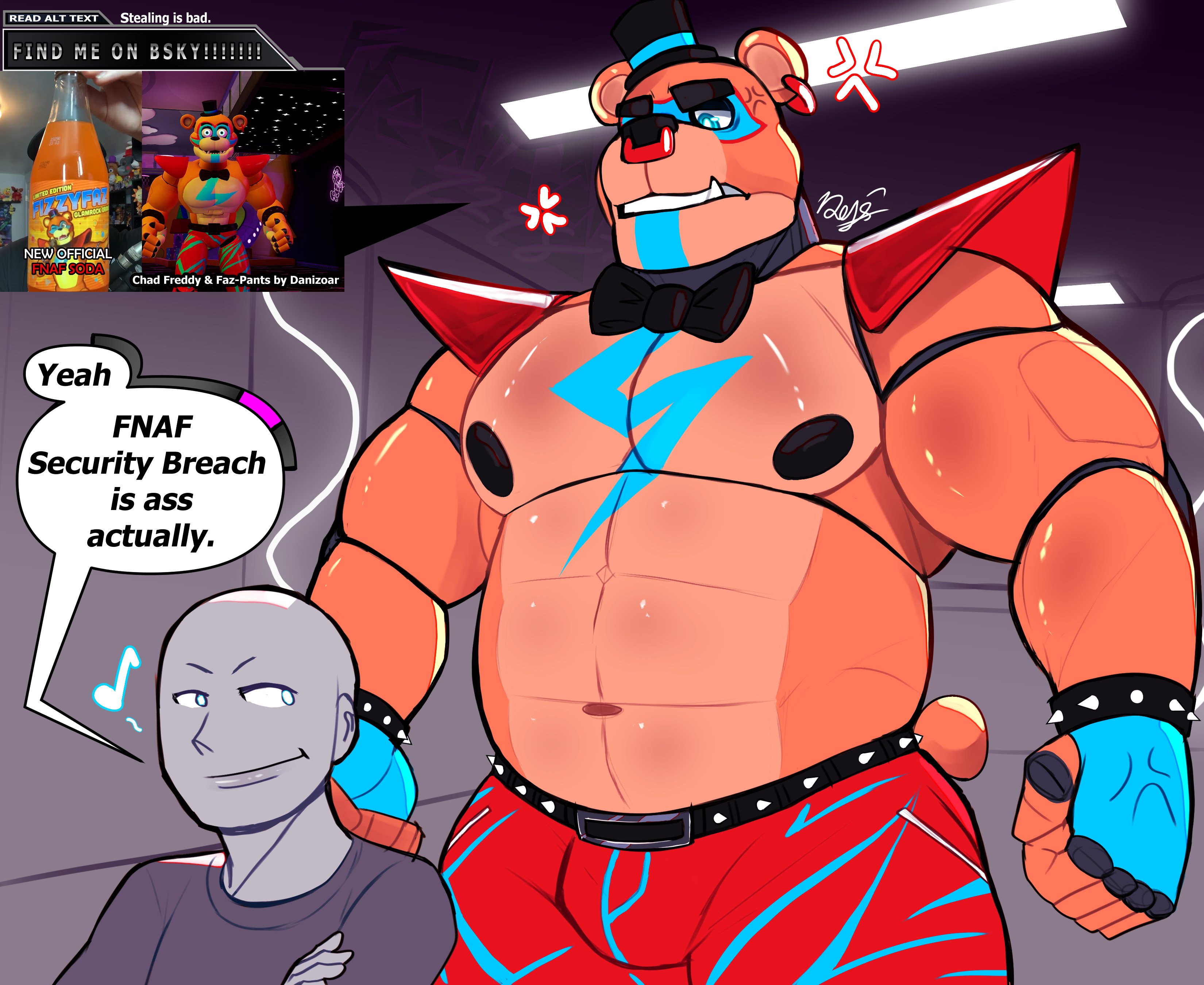animatronic, clothed, dialogue, english text, five nights at freddy's, five nights at freddy's: security breach, fnaf, fred7298nsfw, fredrick7298, gay, glamrock freddy (fnaf), living machine, looking back, looking down, male, male only, male/male, muscular, muscular male, pecs, robot, scottgames, size difference, steel wool studios, text