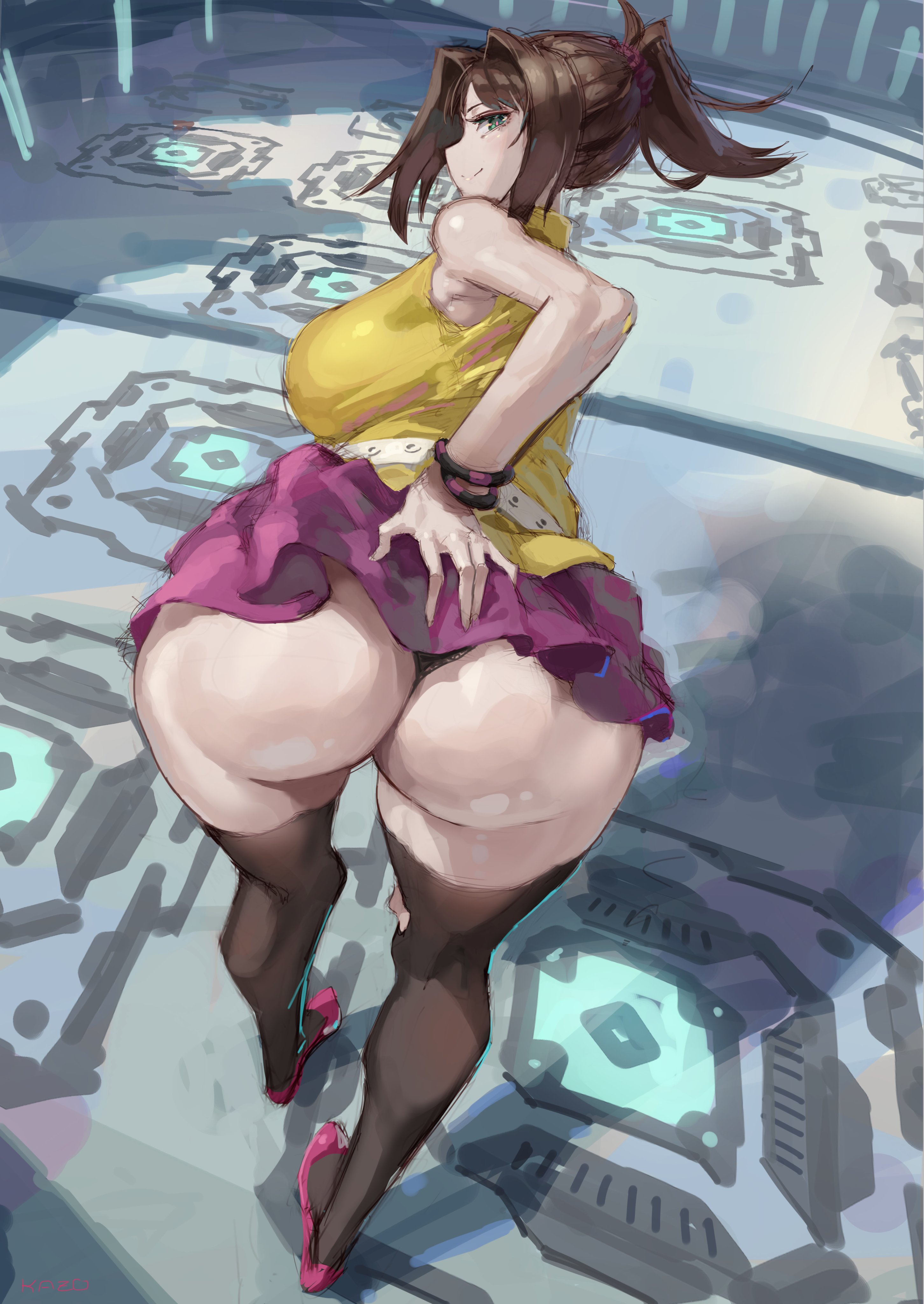 anzu mazaki, ass, back view, blue eyes, brown hair, butt, clothing, crouching, crouching female, curvy, female, female only, hand on ass, hi res, high-angle view, huge ass, indoors, kazo, large breasts, legwear, light skin, looking at viewer, looking back, panties, ponytail, rear view, shoes, sideboob, skirt, skirt lift, smile, solo, stockings, tea gardner, tea gardner (yu-gi-oh! the dark side of dimensions), thick ass, thick thighs, thighs, underwear, younger female, yu-gi-oh!, yu-gi-oh! duel monsters, yu-gi-oh! the dark side of dimensions