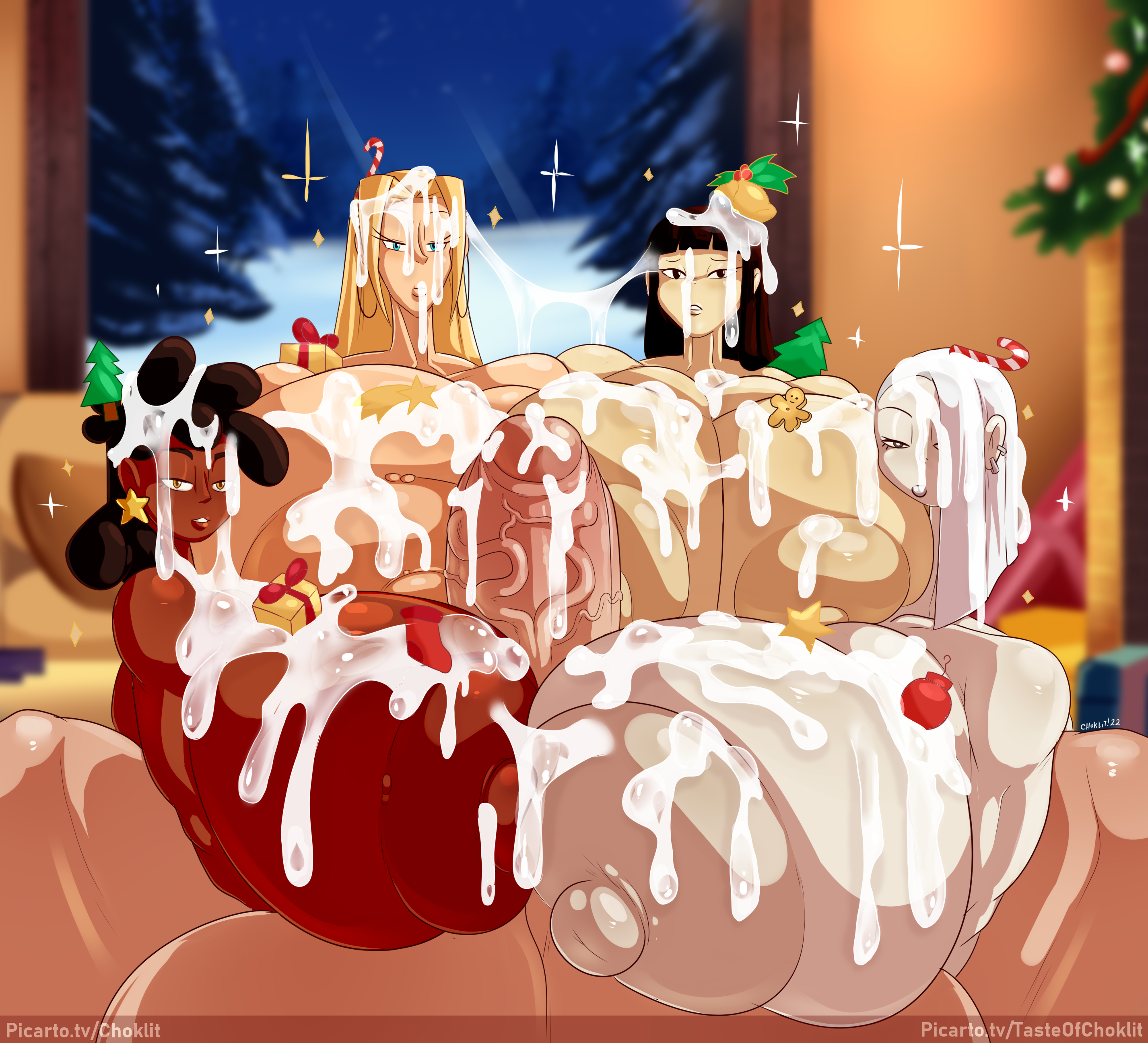 1boy, 4girls, absurdres, alternate version available, balls, big breasts, bimbo, breasts, chokolatta, christmas, cream vanilla, cum, cum on body, cum on breasts, cum on face, dark skin, dark-skinned female, female, highres, honey tanaka, huge breasts, huge penis, hyper, hyper ass, hyper balls, hyper breasts, hyper penis, hyper thighs, interracial, interracial sex, large breasts, large penis, light skin, light-skinned female, light-skinned male, looking at viewer, male, miss popsicle, original, paizuri, penis, rule 63, santa claus, tasteofchoklit, tastetown (tasteofchoklit), text, thick penis, titjob, unedited, veiny penis