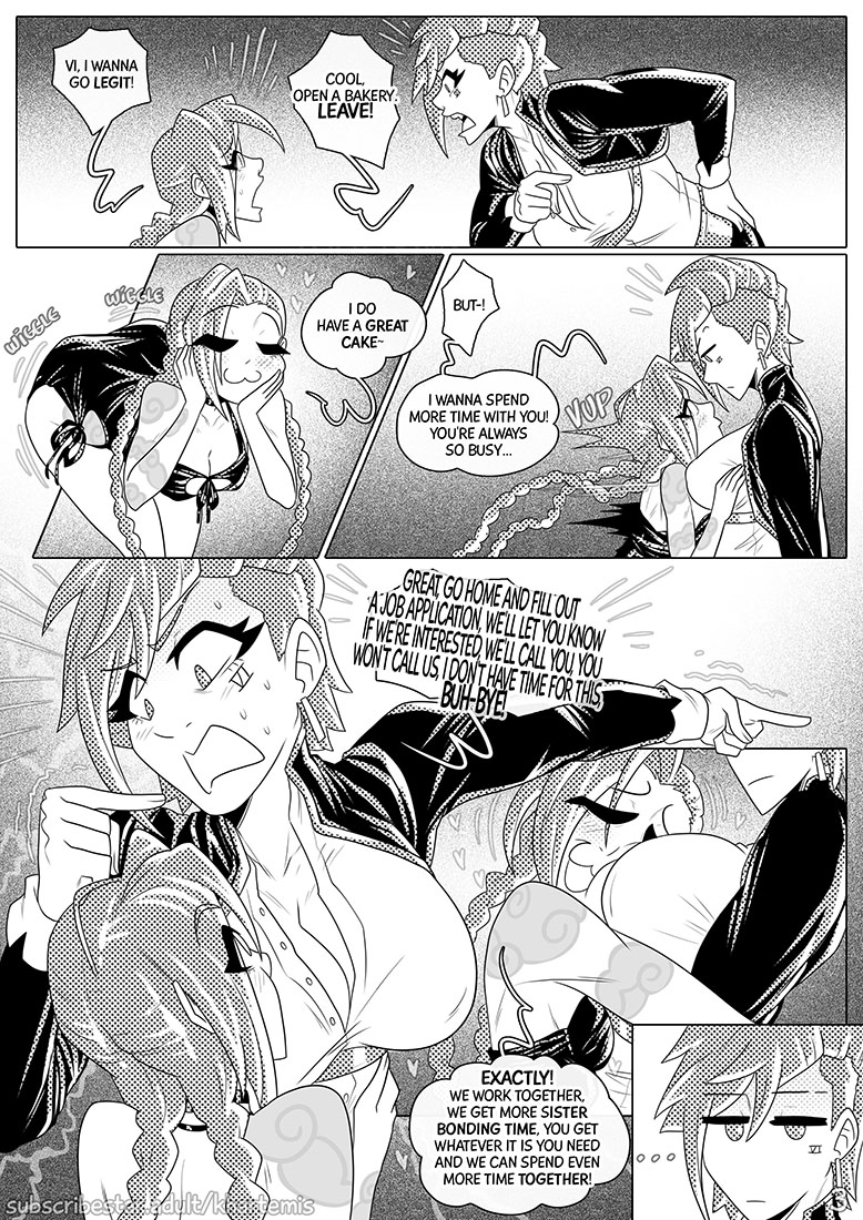 arcane, ass, ass size talk, big ass, big ass (female), big butt, big butt (female), big thighs, black and white, butt, comic, comic page, comic panel, comic strip, dialogue, english, english dialogue, english text, female, incest, jinx (league of legends), khartemis, league of legends, riot games, sisters, size talk, skimpy clothes, skimpy dress, skimpy outfit, text, text bubble, thick thighs, vi, yuri