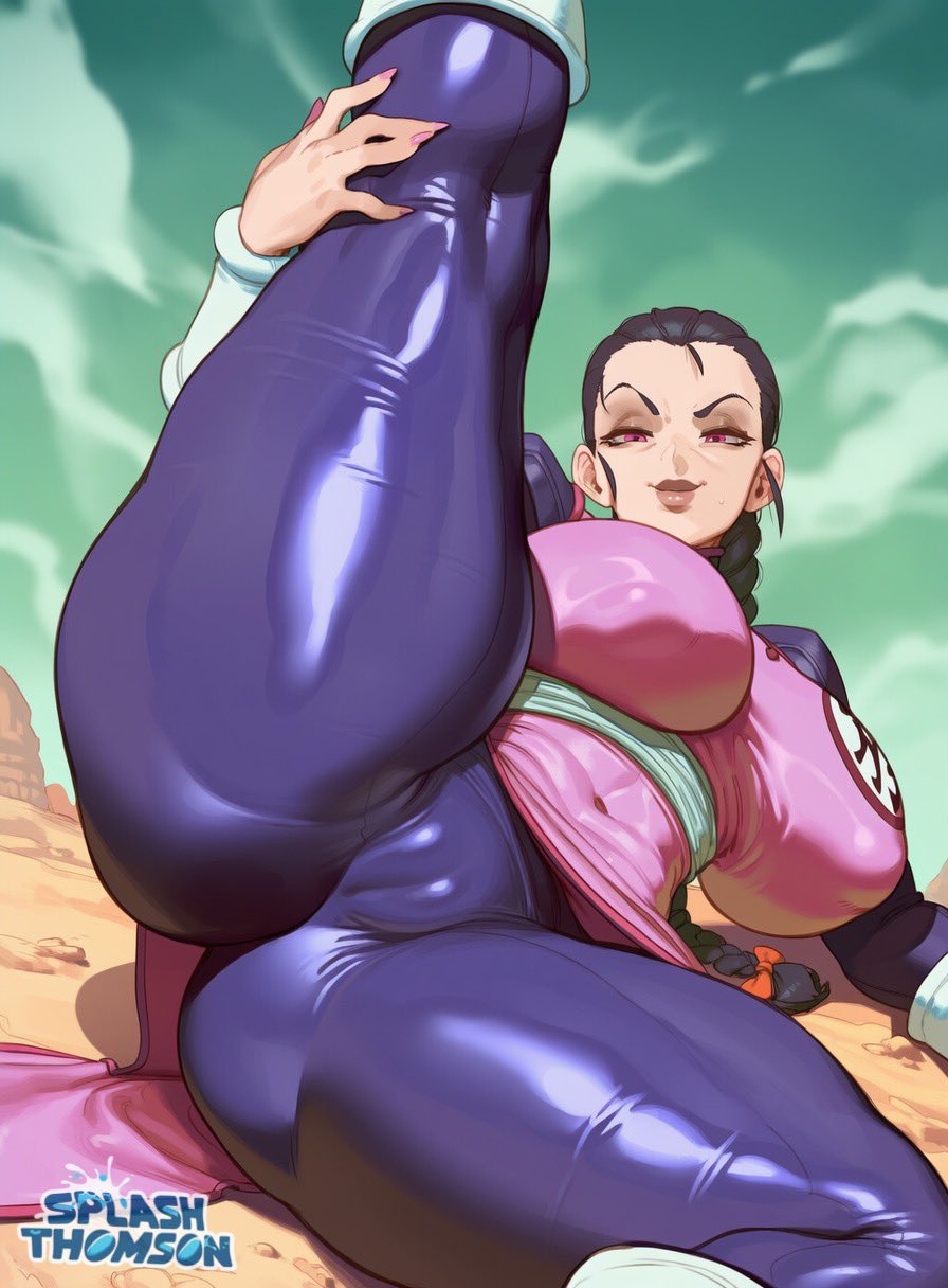 ai generated, bare thighs, black hair, braided ponytail, breasts, cameltoe, dragon ball, dragon ball (classic), female, genderswap, genderswap (mtf), gigantic breasts, huge breasts, huge thighs, light skin, light-skinned female, looking at viewer, massive breasts, mature female, milf, older female, pink eyes, presenting, puffy pussy, pussy, pussy visible through clothes, rule 63, smiling, solo female, splashthomson, squatting, stretching, sweat, sweatdrop, tao pai pai, thick body, thick female, thick thighs, thighhighs, thighs, tight clothing, voluptuous, voluptuous female