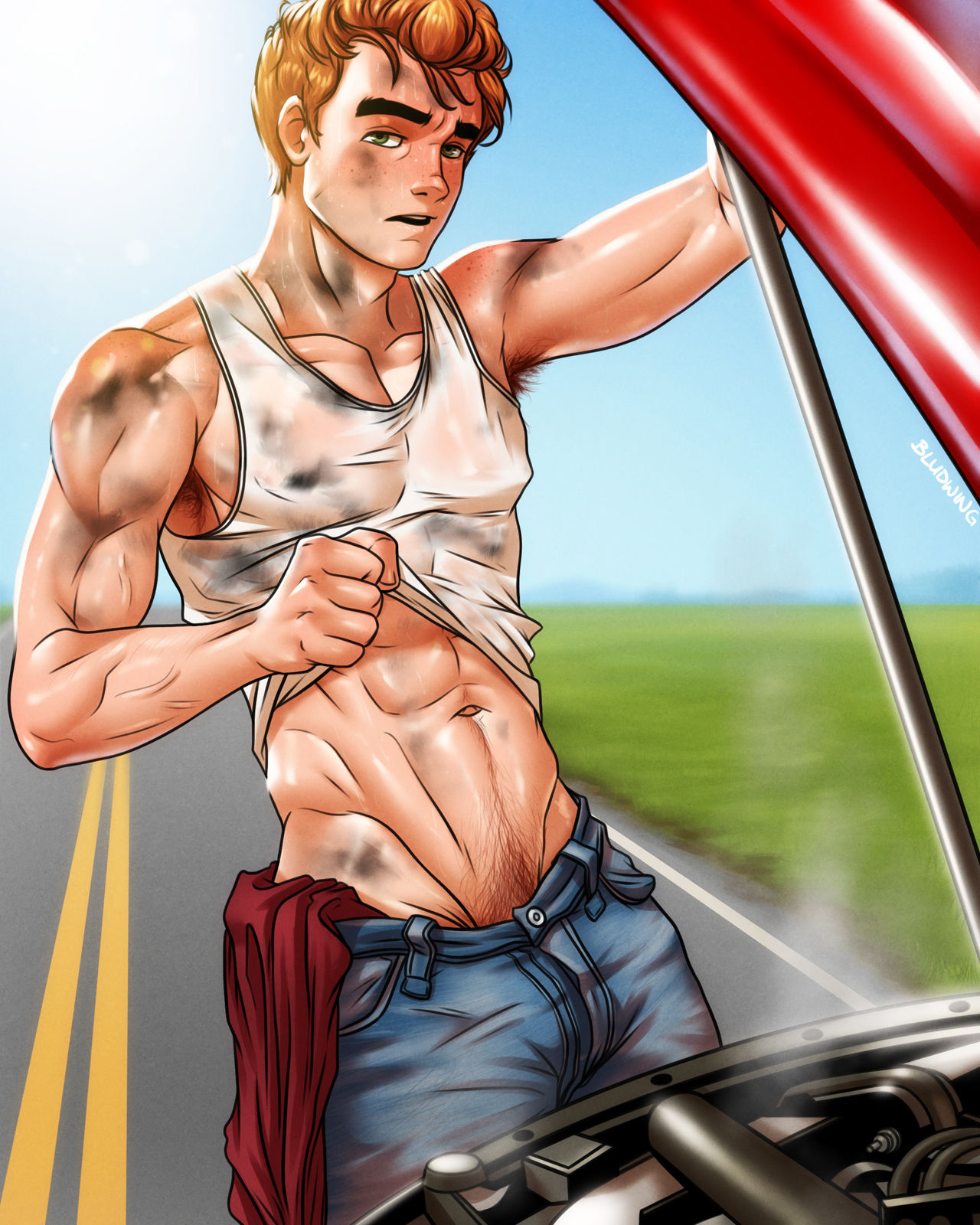 1boy, abs, archie andrews, archie comics, bludwing, dirty, gay, gay male, happy trail, male, male only, musk, outside, pants, partially clothed, public, sweat, sweaty, tank top, yaoi