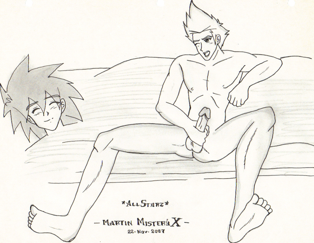 2boys barefoot erection feet gay holding_penis large_penis line_art lineart male_only martin_mystery martin_mystery_(character) masturbation mouth_open naked nude one_eye_closed penis penis_grab spread_legs traditional_media_(artwork) wince