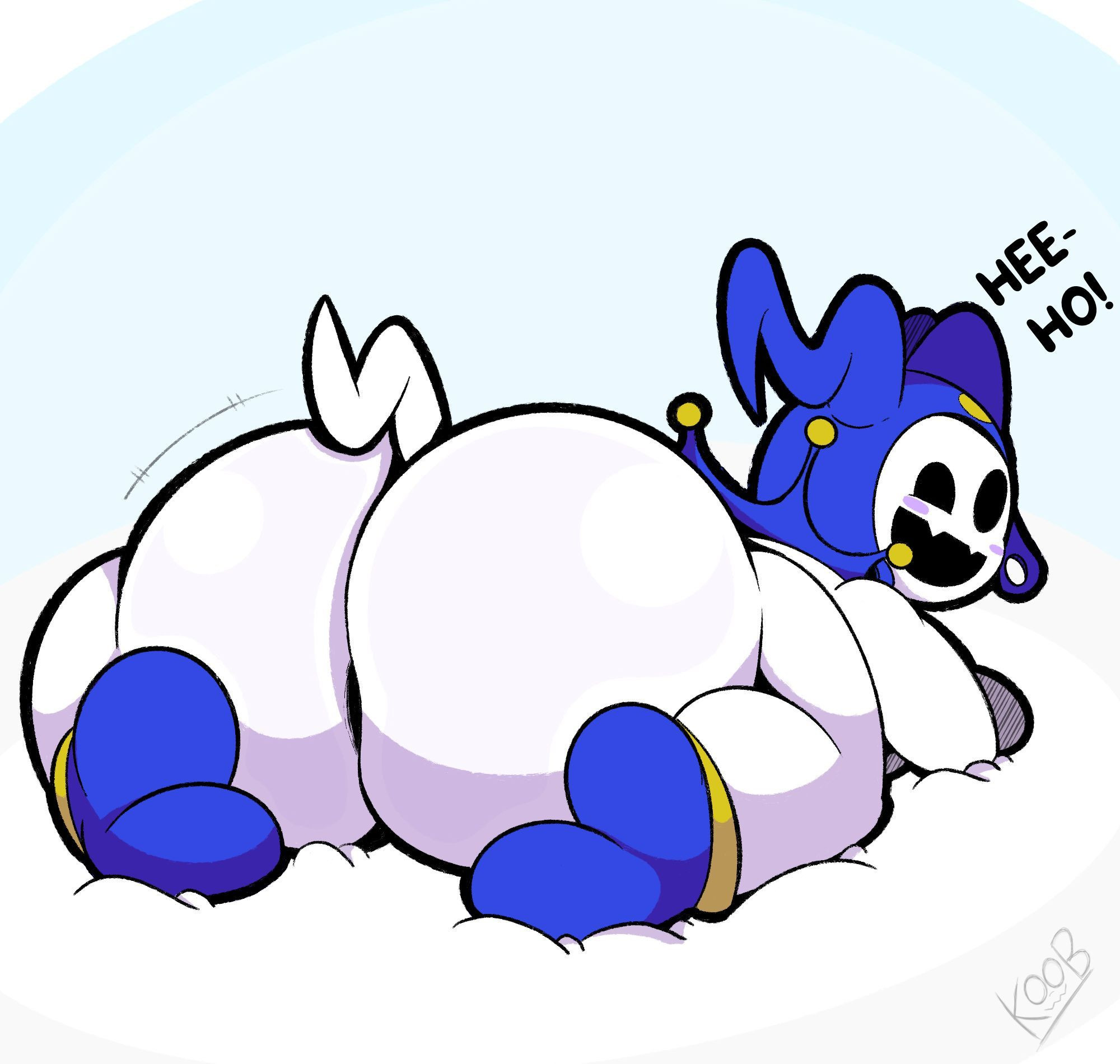 1boy, 2025, adumbkobold, asking for it, ass, atlus, big ass, big butt, bottom heavy, bsky link, butt, dialogue, dialogue bubble, english text, footwear, headwear, jack frost, jack frost (megami tensei), jester, jiggle, looking back, looking back at viewer, male, male only, motion lines, nonhuman, persona, presenting hindquarters, shaking, shaking ass, shin megami tensei, short tail, smile, snow, solo, solo male, tagme, tail, text, text bubble, thick thighs, white body