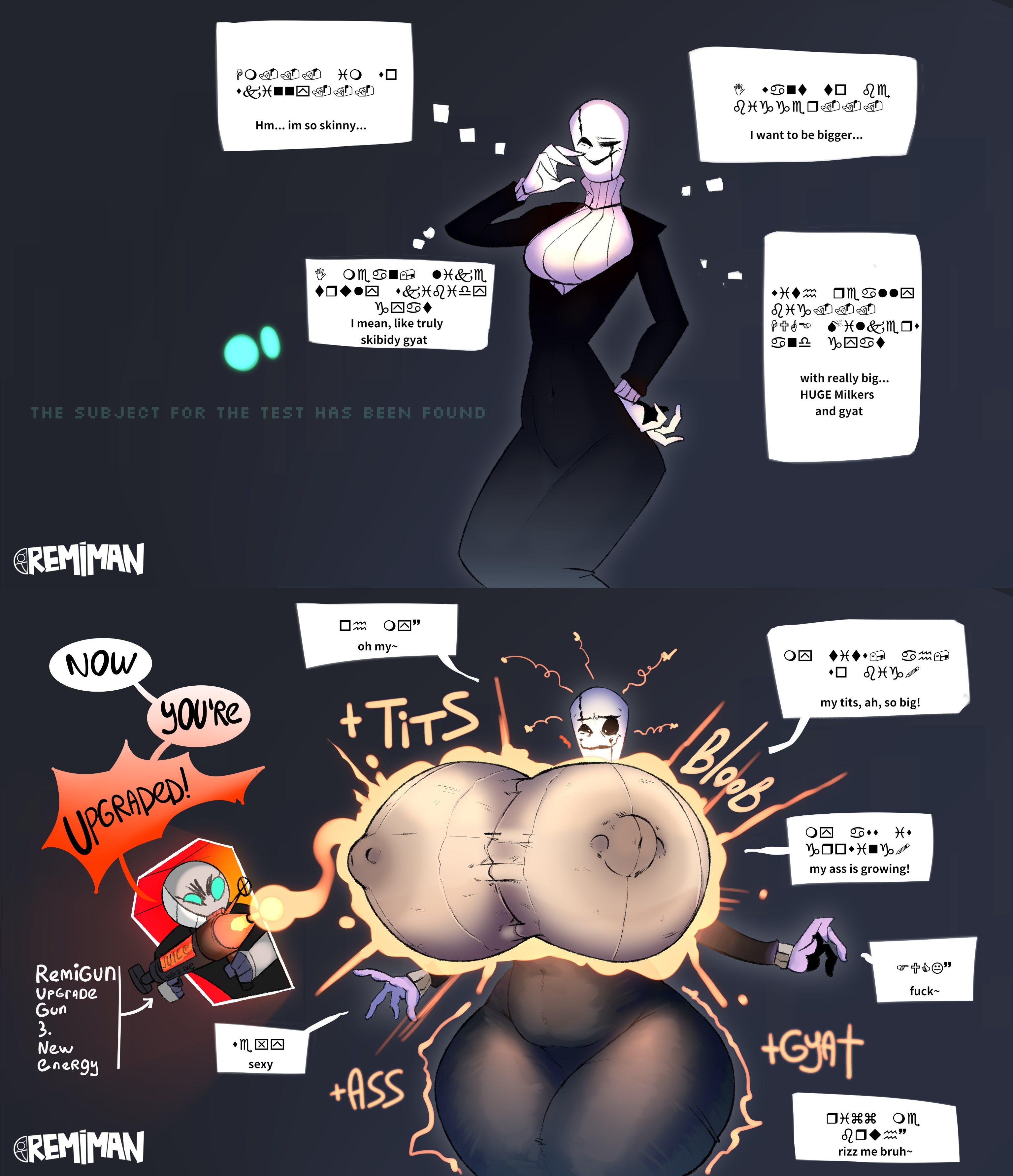 1boy, 1girls, 2d, 2d (artwork), big breasts, breast expansion, breast growth, breast growth (enlargement), breasts, breasts bigger than head, chubby belly, expansion, fem gaster, female, gaster, huge breasts, male, nipple bulge, nipple piercing, rem (oc), remiman, rule 63, sweater, tight clothes, tight clothing, tight dress, tight fit, turtleneck, turtleneck sweater, undertale, wide hips
