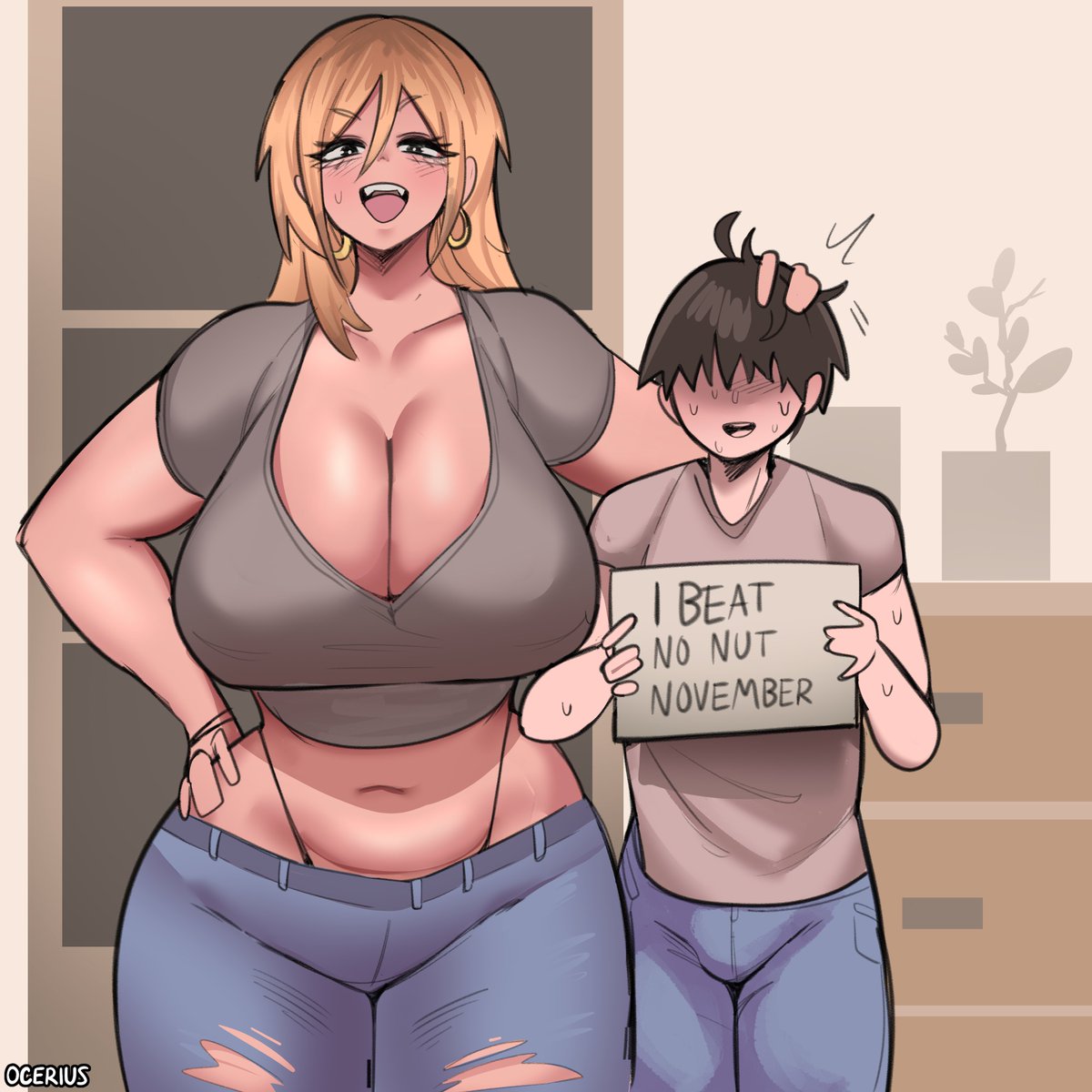 1boy, 1girls, breasts, cleavage, female, huge breasts, larger female, male, mature female, mizuki (ocerius), no nut november, ocerius, revealing clothes, size difference, smaller male, voluptuous