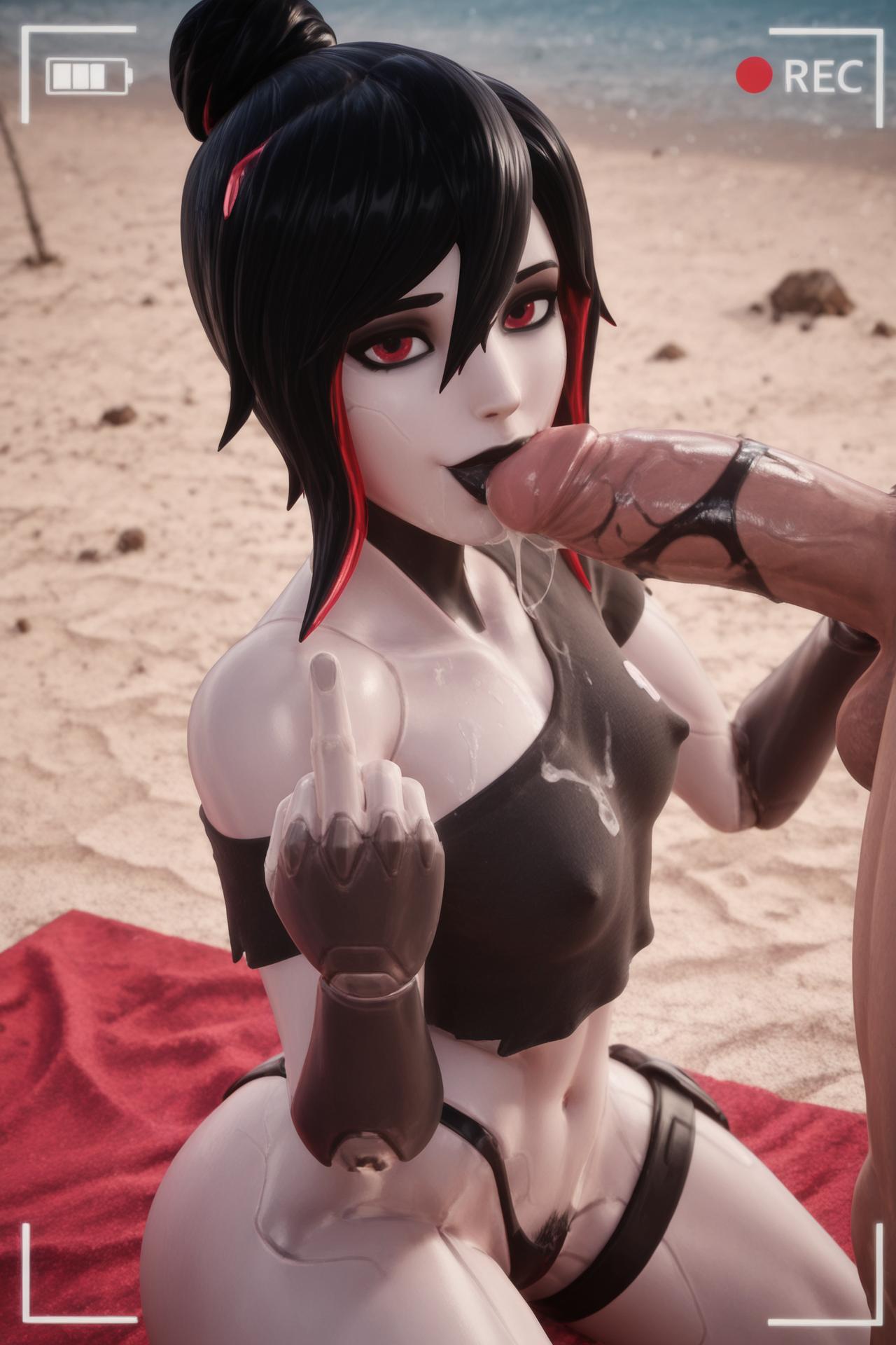 1boy, 1girls, 3d, ai generated, breasts, cum, cum on breasts, female, fortnite, lipstick, lipstick mark, middle finger, nipple bulge, shindhas, tsuki (fortnite)