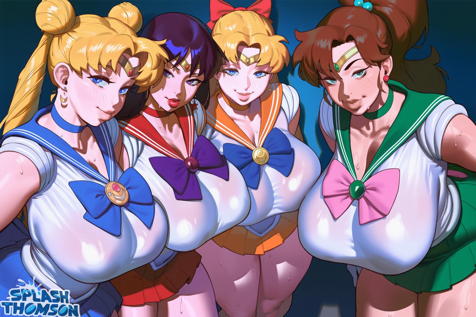 4girls, ai generated, alternate breast size, bare thighs, bishoujo senshi sailor moon, black hair, blonde hair, blue eyes, breasts, brown hair, female, gigantic breasts, green eyes, hair ribbon, huge breasts, huge thighs, light skin, light-skinned female, long hair, looking at viewer, magical girl, makoto kino, massive breasts, minako aino, oiled body, oiled skin, ponytail, purple eyes, rei hino, sailor jupiter, sailor mars, sailor moon, sailor venus, smiling, splashthomson, squatting, sweat, sweatdrop, thick body, thick female, thick thighs, thighs, twintails, usagi tsukino, voluptuous, voluptuous female