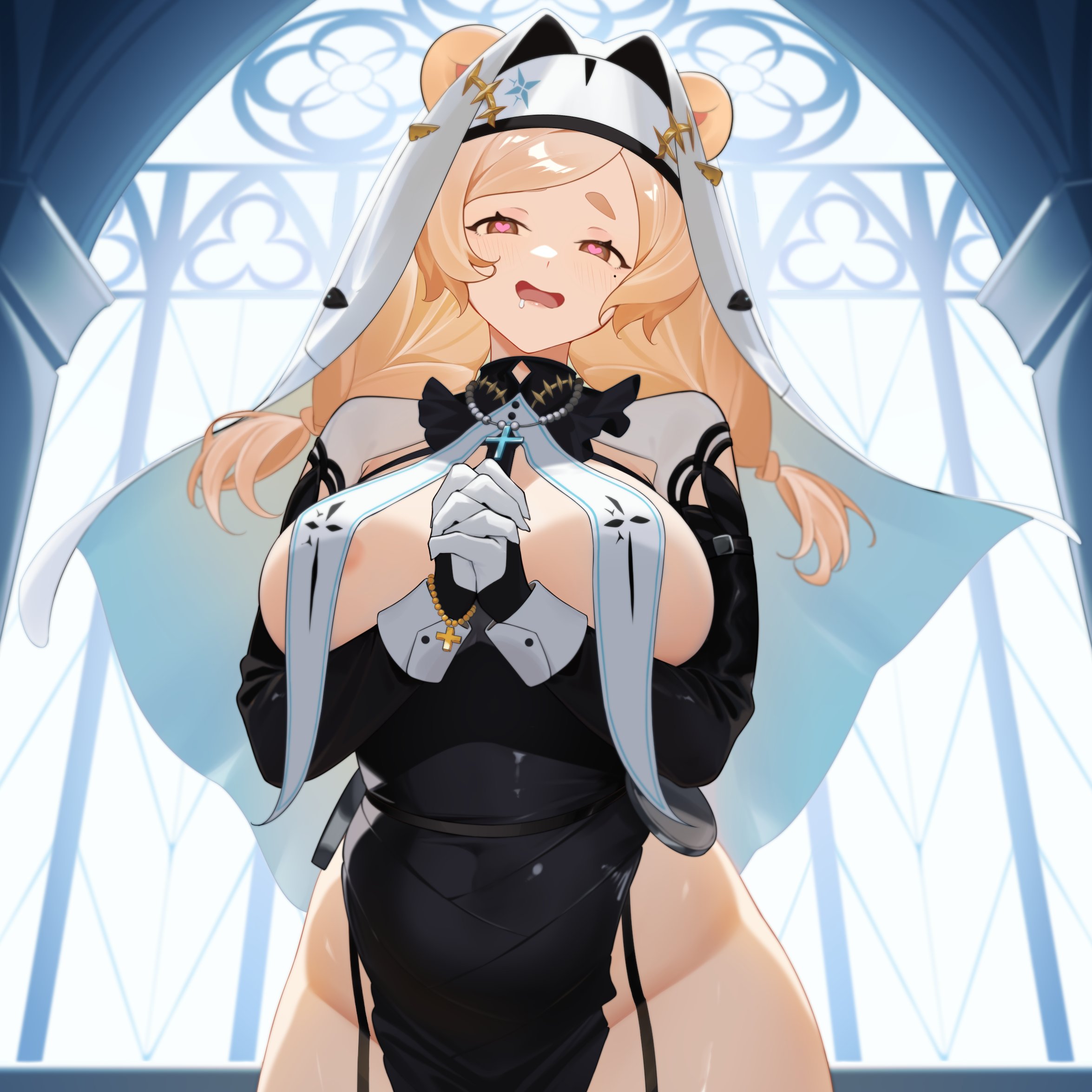 1girls, bear ears, bear girl, breasts, church, church interior, drooling, female, female only, freya kumamori, freyaguma, heart-shaped pupils, huge breasts, indie virtual youtuber, indoors, light skin, light-skinned female, looking at viewer, nun, nun's habit, pervert, pervert female, praying, retromantique, sechipuu, solo, symbol-shaped pupils, virtual youtuber