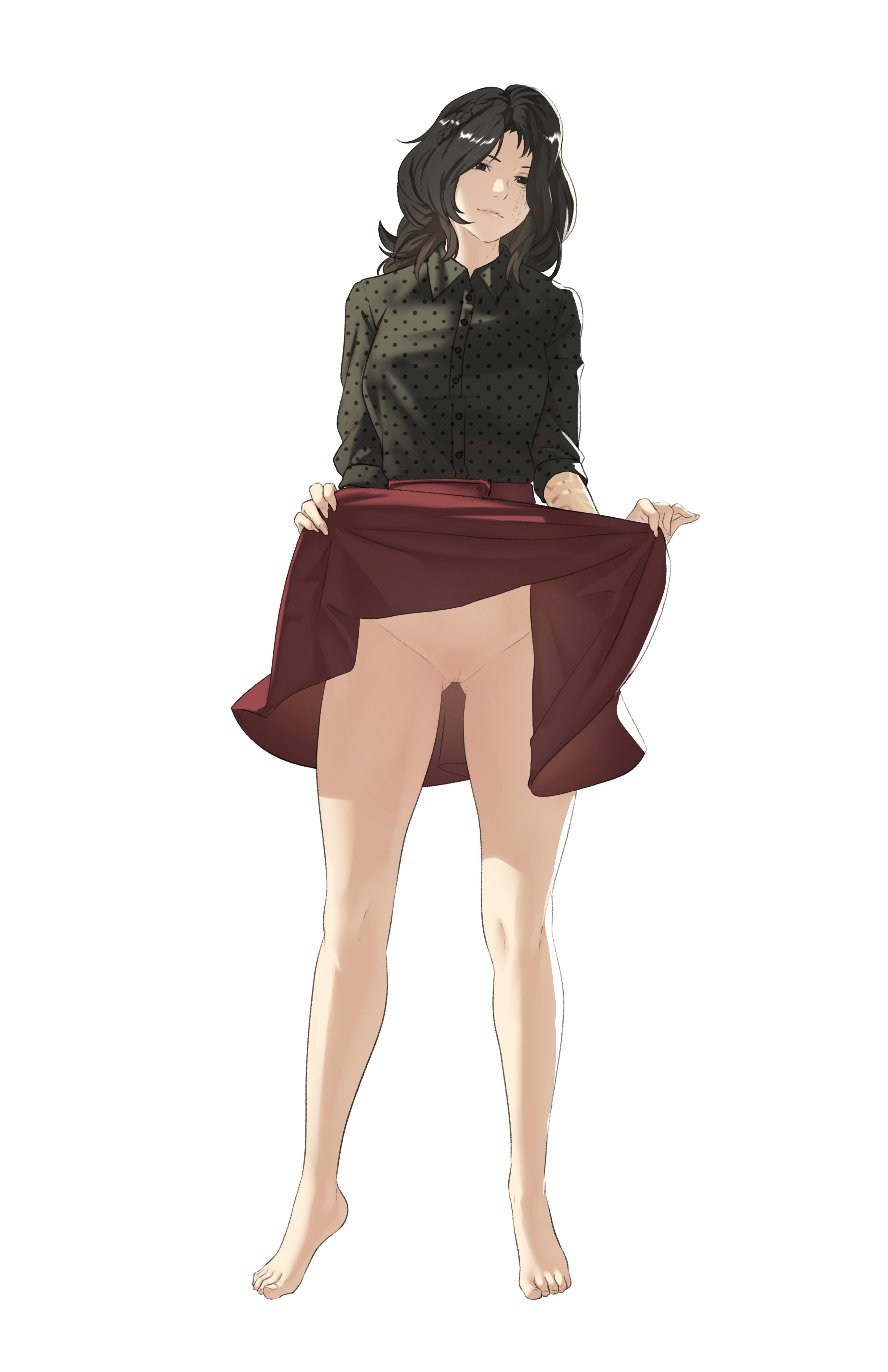 1girls, absurdres, arm tattoo, ass visible through thighs, bare legs, barefoot, black eyes, black hair, black shirt, braid, breasts, brown hair, clair obscur: expedition 33, clothes lift, facial tattoo, female, female only, full body, gradient hair, highres, legs, lifting own clothes, long hair, long sleeves, looking at viewer, lune (clair obscur: expedition 33), medium breasts, multicolored hair, no panties, pomelomelon, pussy, red skirt, shirt, skirt, skirt lift, smile, solo, tattoo, tiptoes, upskirt, wavy hair, white background