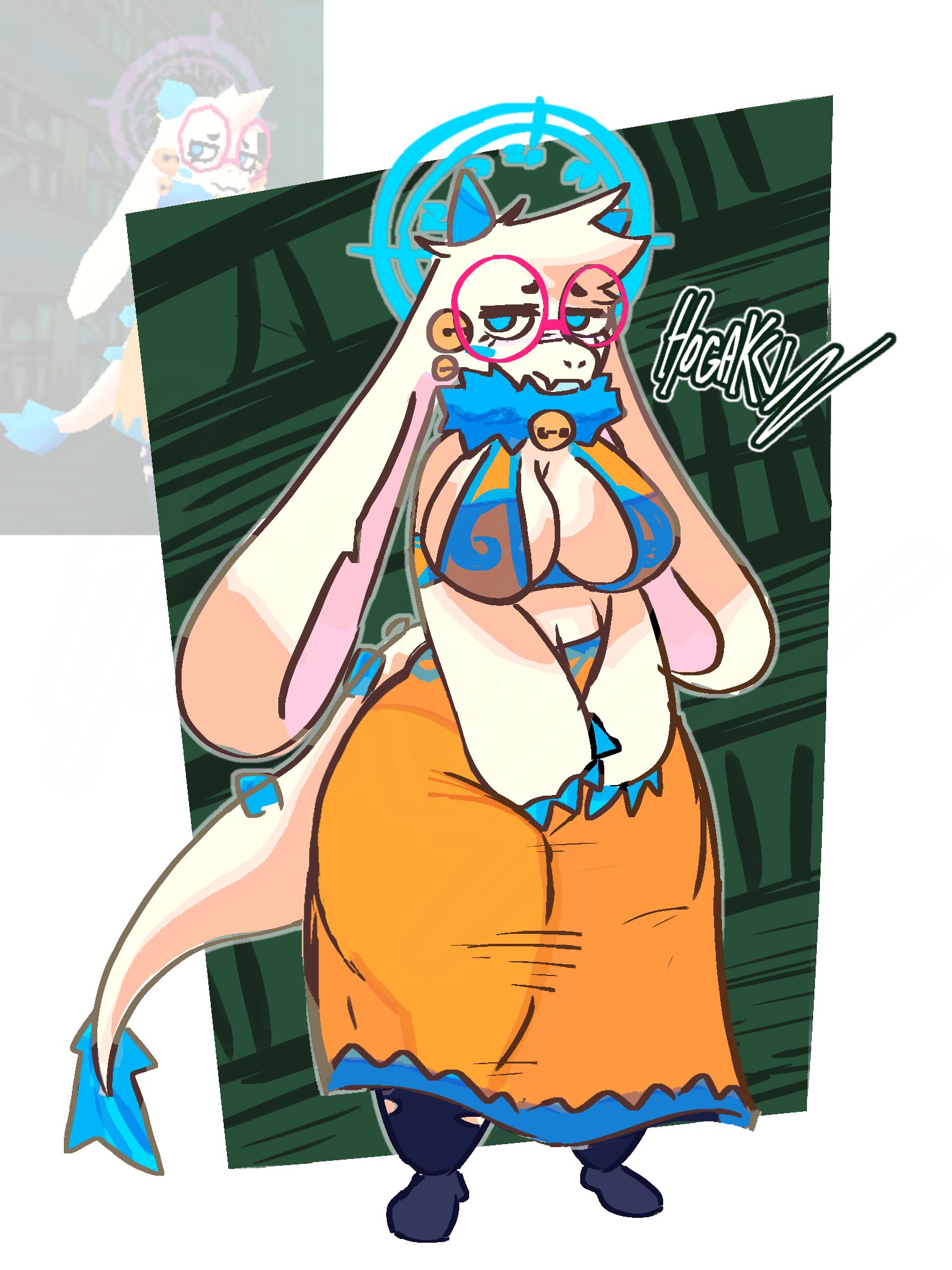 1girls, 2024, angela flux, angela flux (kiseff), artist signature, atlyss, bell, bells, blue accents, blue eyes, blue horns, bra, breasts, caprine, cleavage, clothed, clothed female, clothing, fangs, female, female only, fur, furry, furry female, furry only, glasses, hogaku, horns, kubold (atlyss), long ears, long tail, medium breasts, midriff, orange clothing, red glasses, reference image, ripped clothing, ripped stockings, robe, round glasses, solo, standing, stockings, tail, thick thighs, thighs, white fur