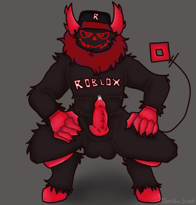 1boy, 2d, balls, barbed penis, black fur, claws, color, forsaken (roblox), guest 666 (forsaken), hooves, horns, knot, male, penis, precum, roblox, roblox game, robloxian, smiling at viewer, tagme, tail, tenshihorny