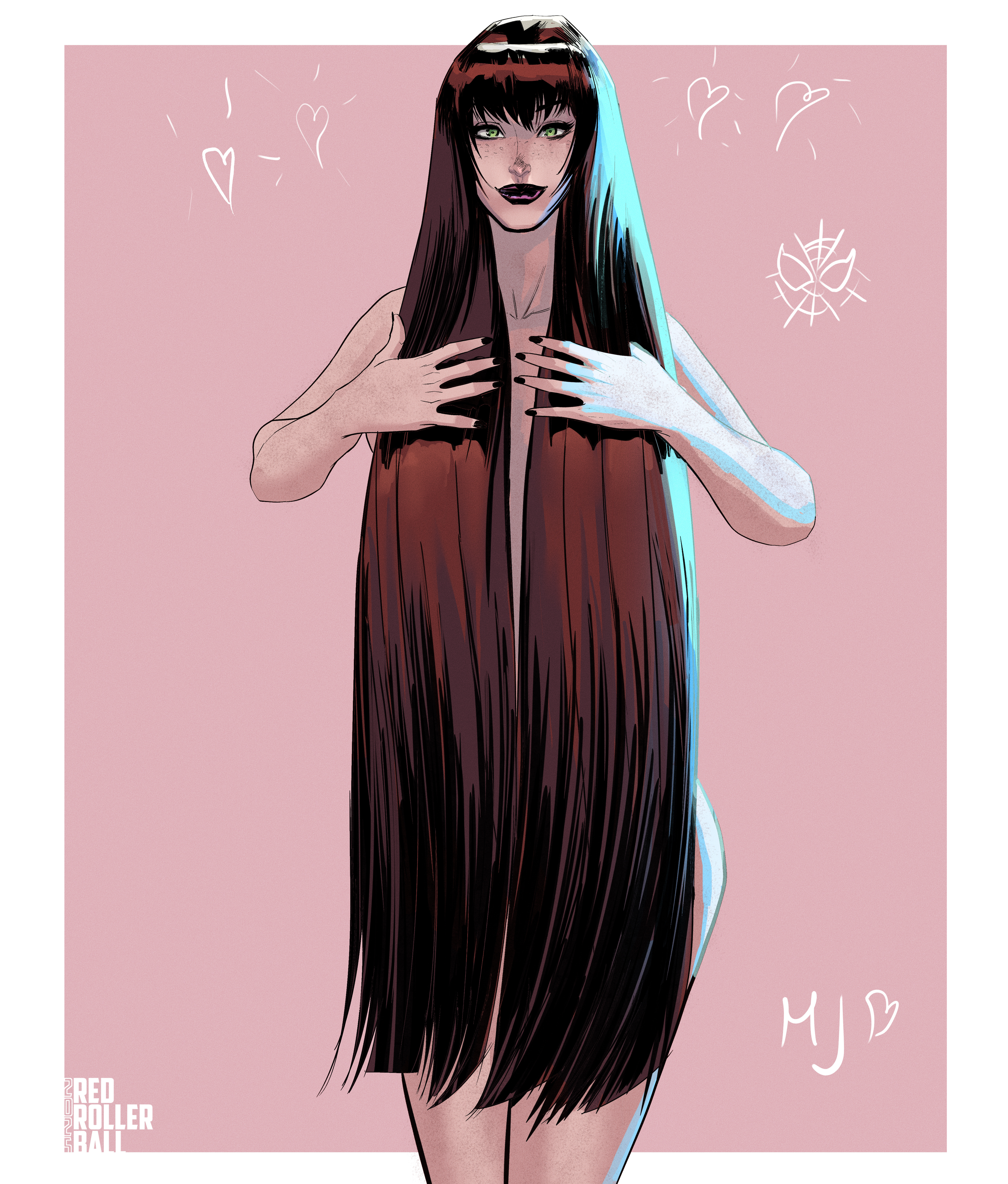 1girls, bangs, breasts, female, green eyes, hair censor, hair fetish, hair over breasts, implied nudity, marvel, marvel comics, mary jane watson, red hair, redrollerball, solo, spider-man (series), very long hair