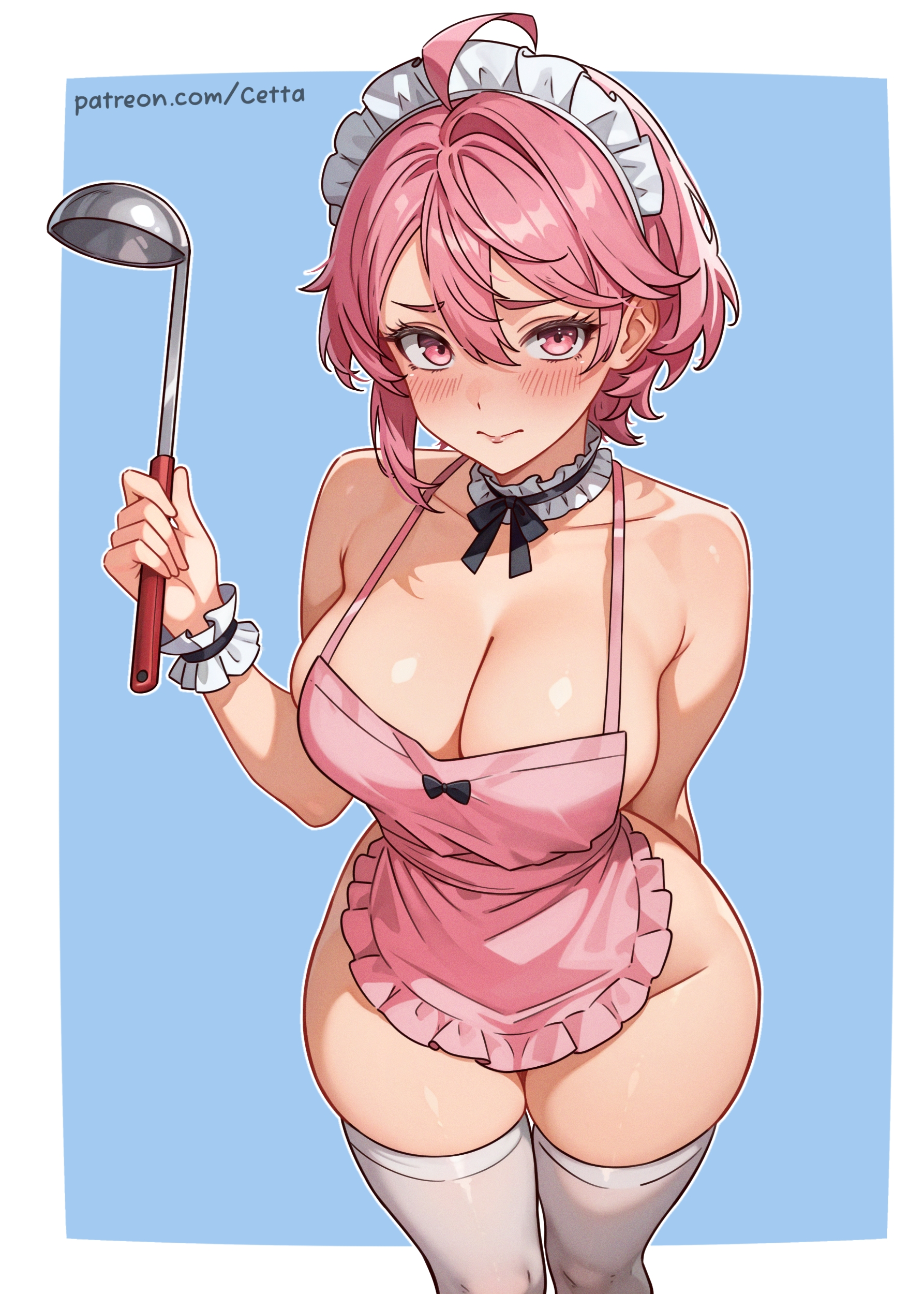 1girls, absurdres, apron, arm behind back, blue background, blush, breasts, cetta (cettadvd), closed mouth, dandadan, embarrassed, english commentary, female, highres, holding, holding ladle, ladle, large breasts, looking at viewer, naked apron, patreon username, pink eyes, pink hair, pink-haired female, shiratori aira (dandadan), short hair, solo, thighhighs, white thighhighs