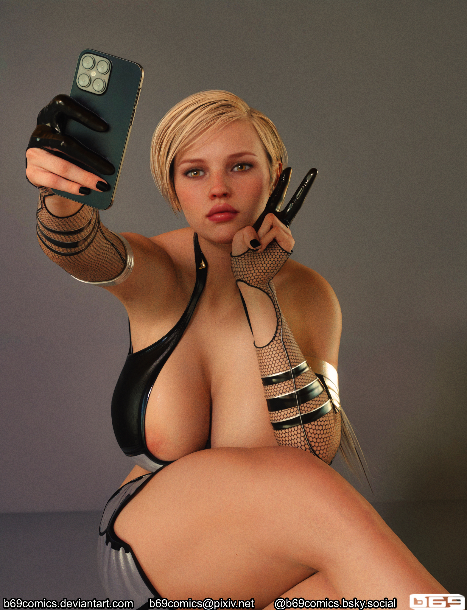 1girls, 3d, b69, blonde hair, busty, cassie cage, caucasian, cleavage, fair-skinned female, female, female only, mortal kombat, selfie, solo, thighs