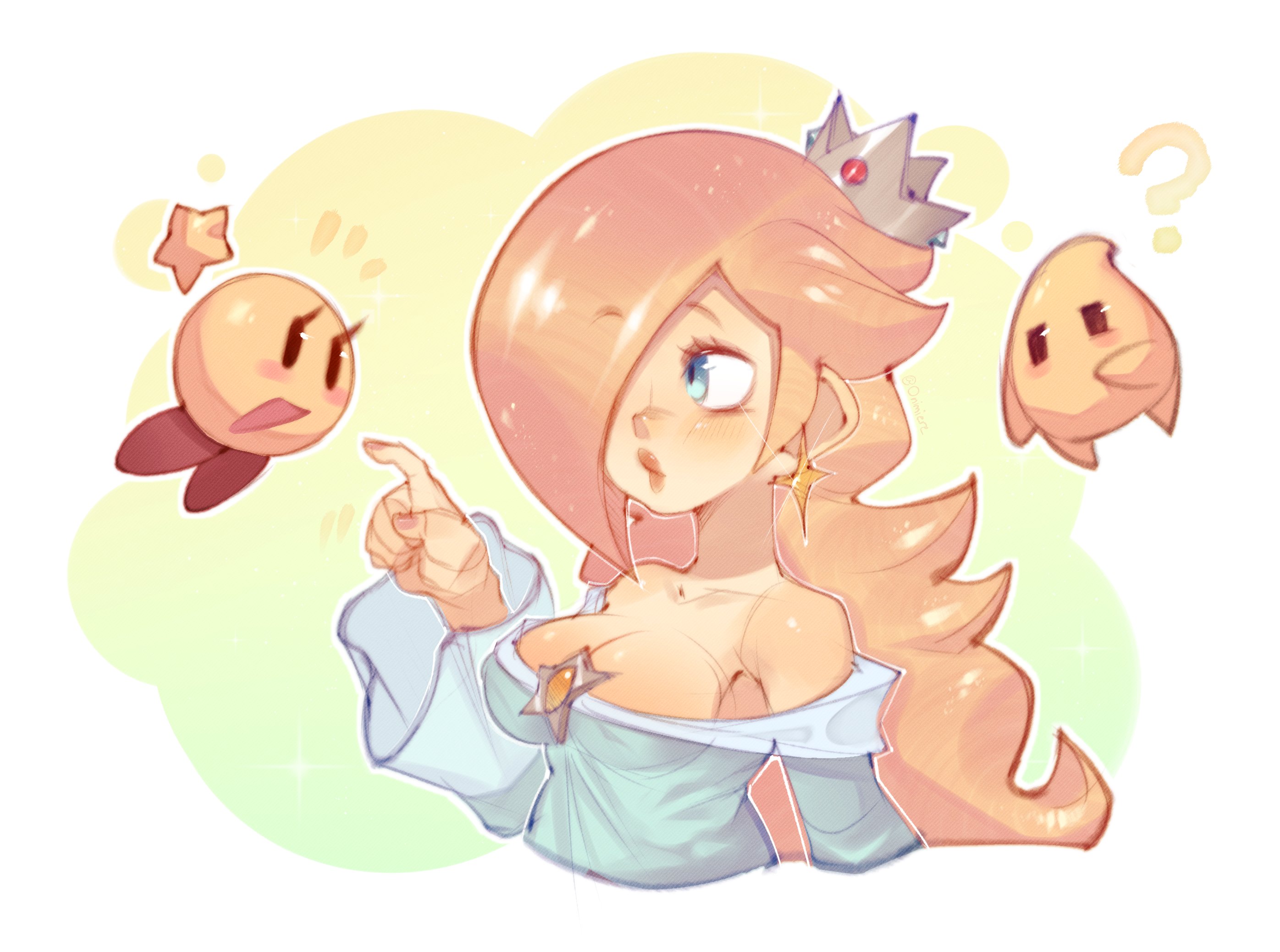 1girls, bare shoulders, breasts, female, luma, mario (series), mario and luigi (series), nintendo, onimiere, princess, princess rosalina, royalty, sideboob, starlow, super mario bros., wardrobe malfunction