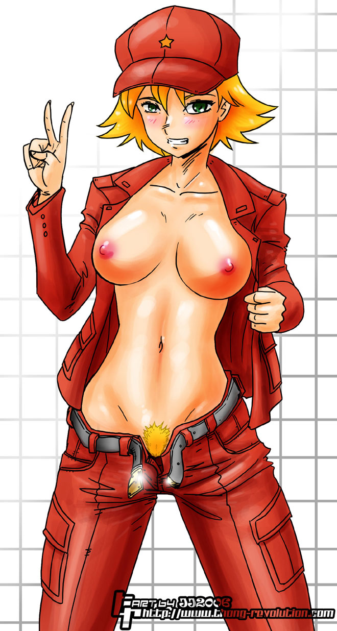 1girls 2006 advance_wars belt big_breasts blonde_hair blush breasts female female_pubic_hair green_eyes grin hat highres john_joseco military military_uniform mound_of_venus navel nintendo nipples no_bra no_panties open_clothes open_fly open_shirt pants pubic_hair rachel_(advance_wars) shirt short_hair smile smiling solo star uniform unshaved_pussy unzipped v watermark