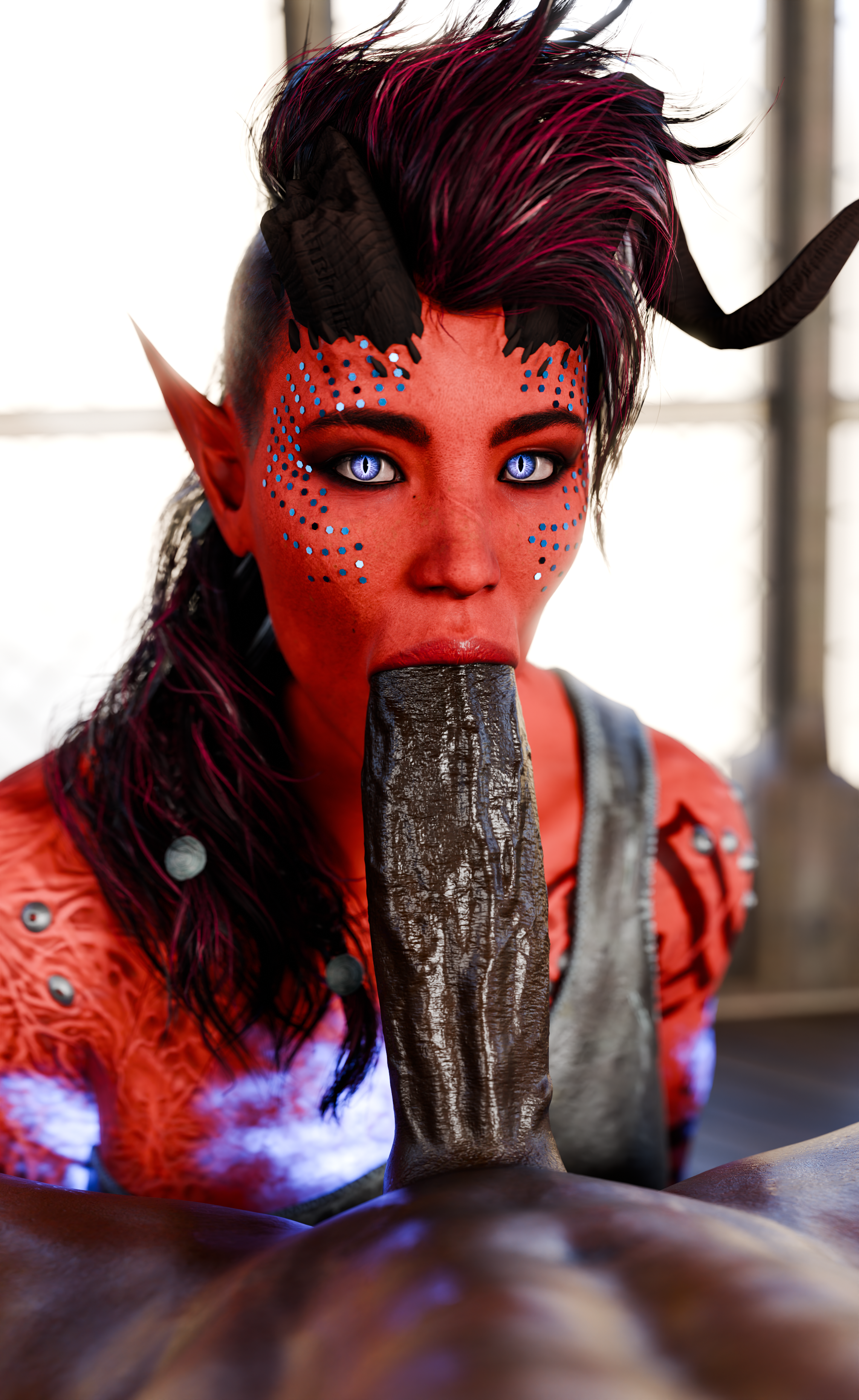3d, baldur's gate, baldur's gate 3, big penis, blowjob, dark-skinned male, derpderp, fellatio, female, glitter, glowing eyes, huge cock, interracial, interspecies, karlach, looking at viewer, male, penis, sucking penis, tiefling, wyll ravengard