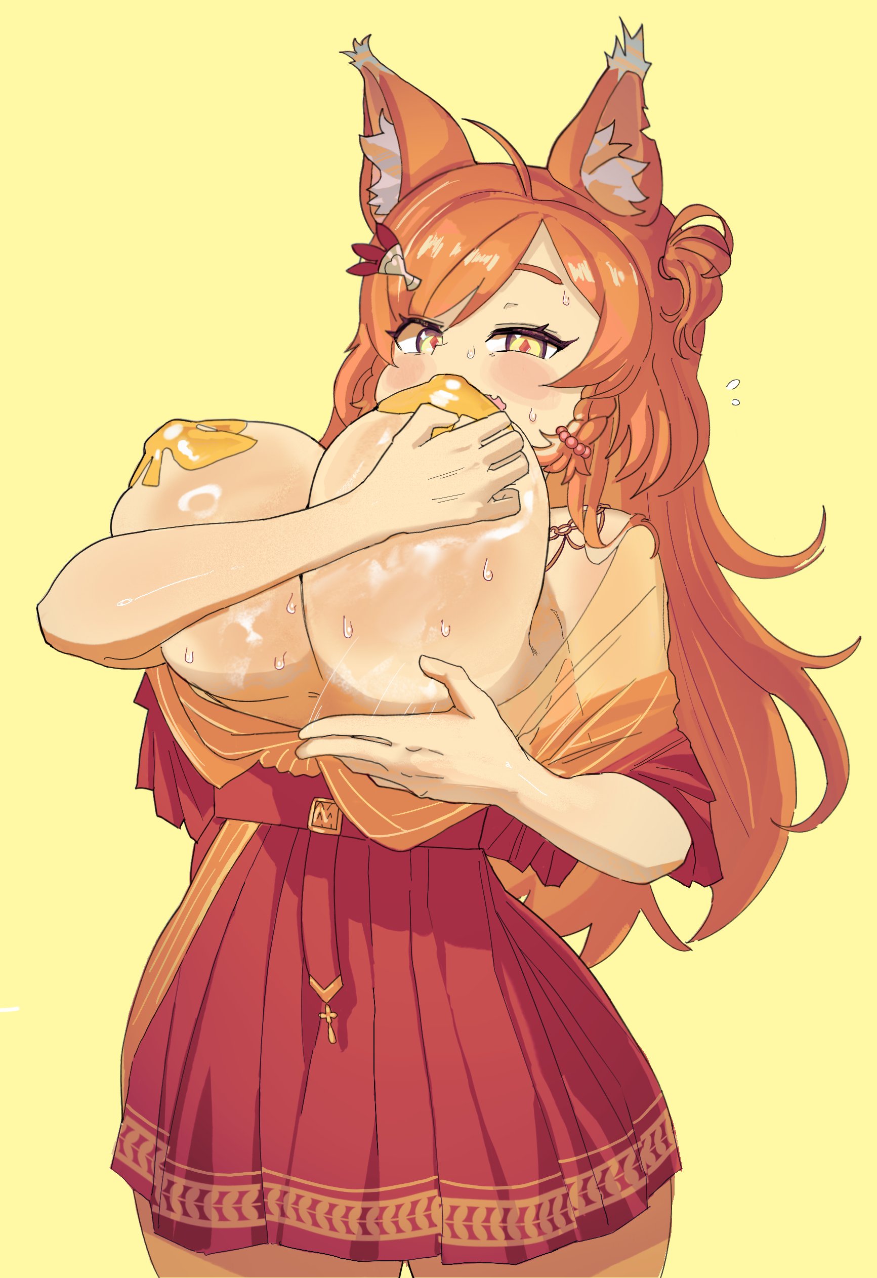 1girls, animal ears, blush, breasts, clothing, dehgwo, diamond-shaped pupils, dress, female, female only, huge breasts, light skin, light-skinned female, mozumi pichi, nipple bulge, orange hair, pasties, simple background, solo, sweat, symbol-shaped pupils, undressing, v-dere, virtual youtuber, yellow background, yellow eyes, yellow pasties