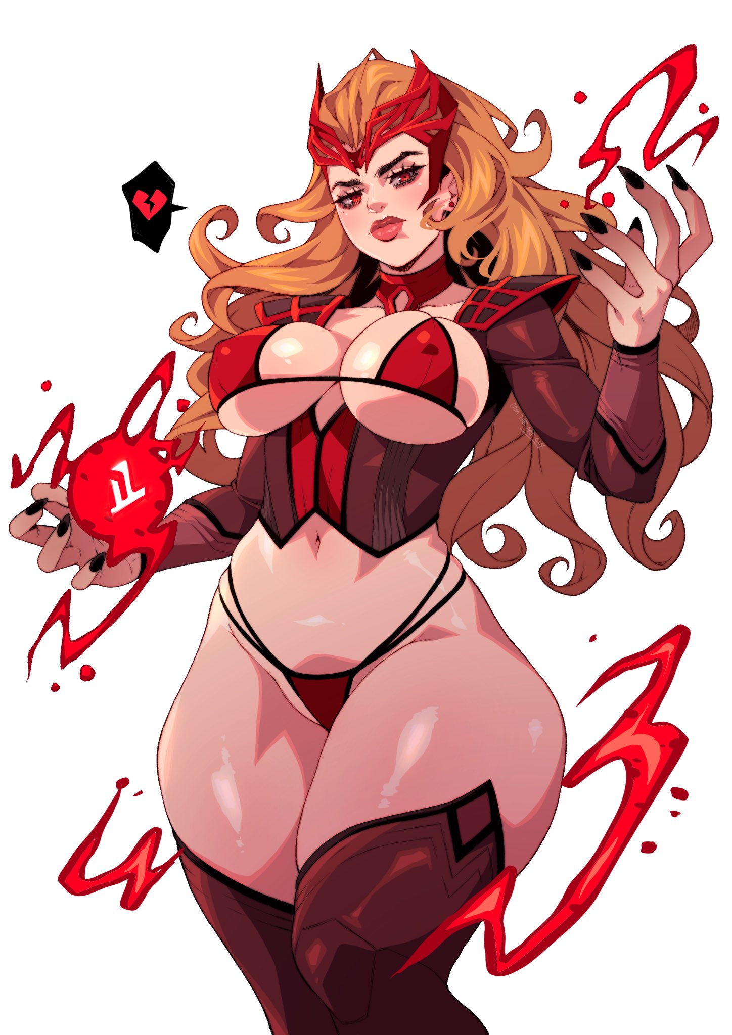 1girls, big breasts, bikini, black nails, breasts, broken heart, brown hair, camtheartguy, female, female human, full lips, heart, heart symbol, human, light-skinned female, long hair, long nails, looking at viewer, magic, marvel, marvel cinematic universe, marvel comics, mature female, navel, nipple bulge, plump lips, red eyes, scarlet witch, scarlet witch (multiverse of madness), shiny, shiny skin, shiny thighs, simple background, slim waist, solo, solo female, superheroine, thick thighs, thigh highs, thighs, underboob, wanda maximoff, white background, wide hips