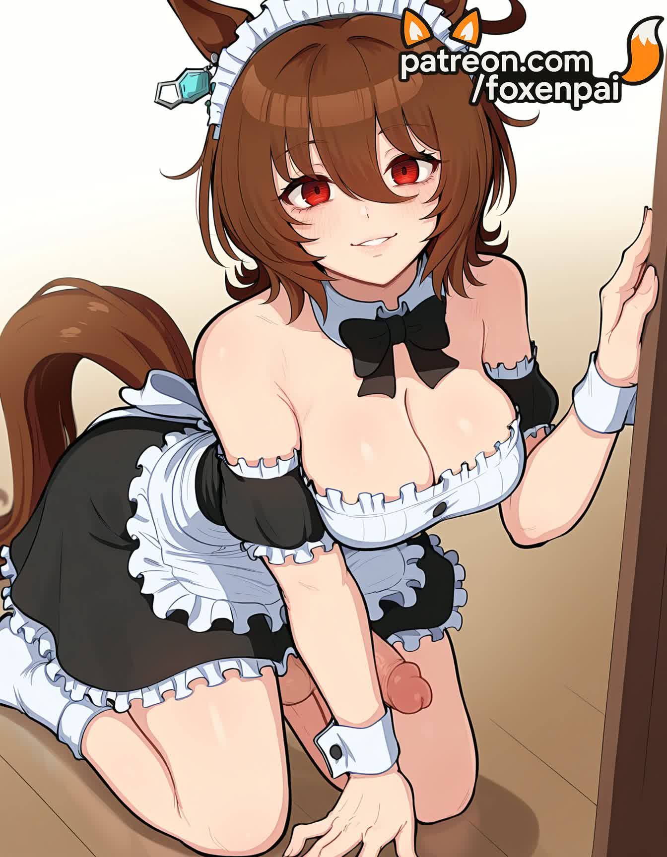 1futa, 2025, agnes tachyon (umamusume), ai generated, animal ears, apron, artist name, bow, bowtie, breasts, brown hair, bust, chest, cleavage, cock, dick, enmaided, erection, eyebrows visible through hair, foxenpai, futanari, hair between eyes, hi res, high quality, high resolution, highres, intersex, maid, maid apron, maid headdress, patreon, patreon username, penis, red eyes, smile, solo, stable diffusion, tail, umamusume, watermark, white apron