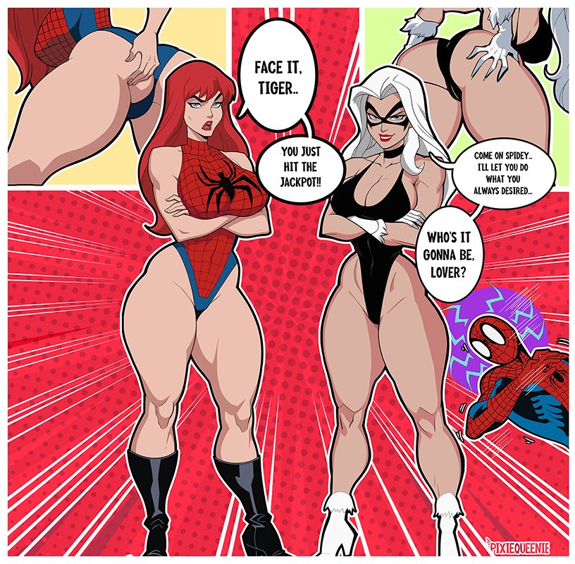 1boy, 2girls, ass, big ass, big breasts, black cat (marvel), boots, breasts, bust, busty, chest, curvaceous, curvy, curvy figure, digital media (artwork), face it tiger, felicia hardy, female, high heel boots, high heels, hips, hourglass figure, huge ass, huge breasts, large ass, large breasts, legs, light skin, light-skinned female, light-skinned male, male, male/female, marvel, marvel comics, mary jane watson, mature, mature female, peter parker, pixiqueenie, red hair, slim waist, spider-man, spider-man (series), straight, take your pick, thick, thick hips, thick legs, thick thighs, thighs, voluptuous, waist, white hair, wide hips