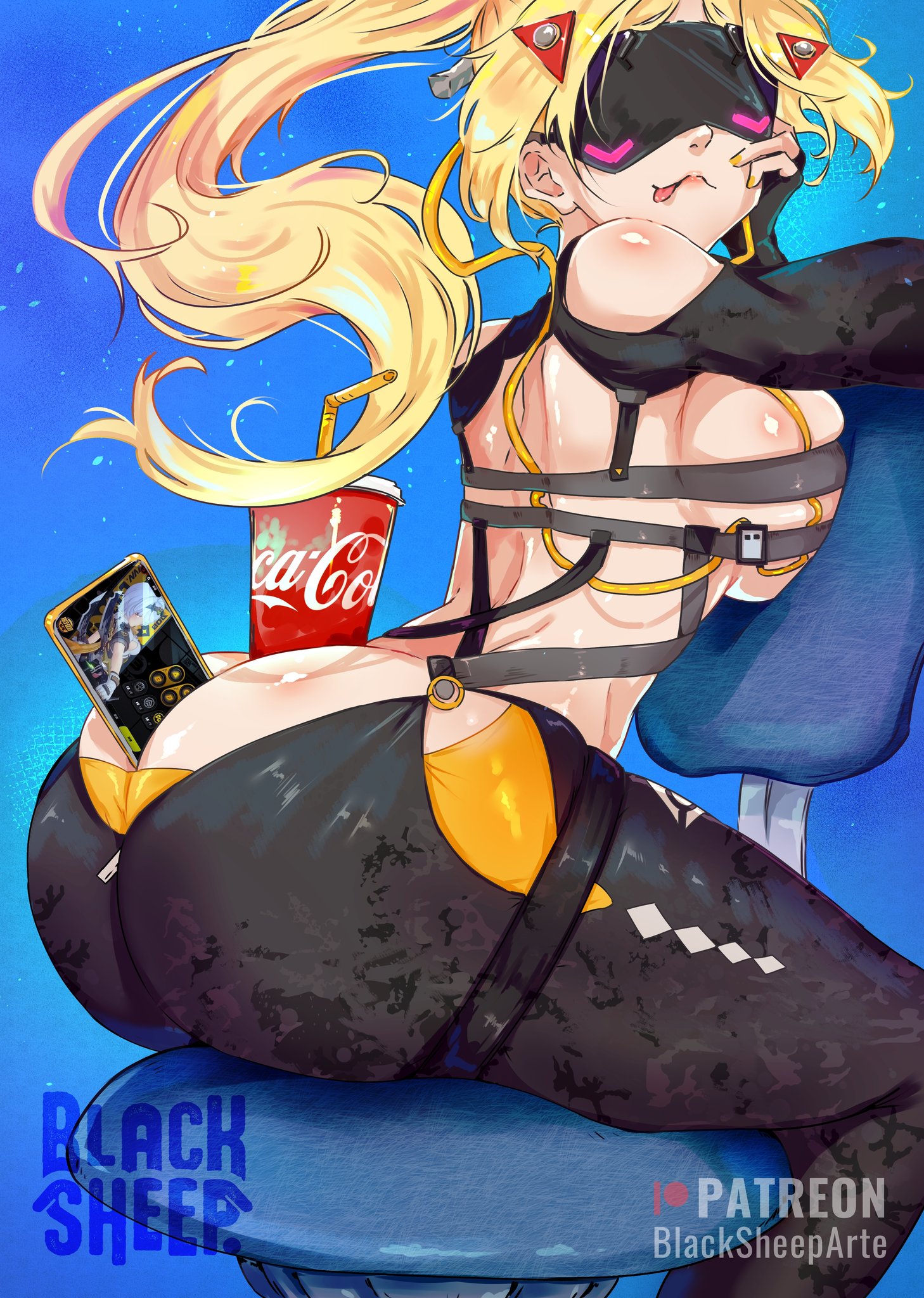 1girls, ass, ass bigger than head, ass cleavage, ass focus, ass up, big ass, big breasts, big thighs, blacksheepdraws, breasts, bubble ass, bubble butt, busty, busty female, camouflage pants, coca-cola, fanart, fat ass, female, gigantic breasts, hoyoverse, huge ass, huge breasts, huge butt, huge thighs, hyper ass, hyper breasts, large breasts, object in ass, phone, pinup, revealing clothes, sideboob, thick ass, thick legs, thick thighs, thunder thighs, thunderthighs, tongue out, trigger (zenless zone zero), zenless zone zero