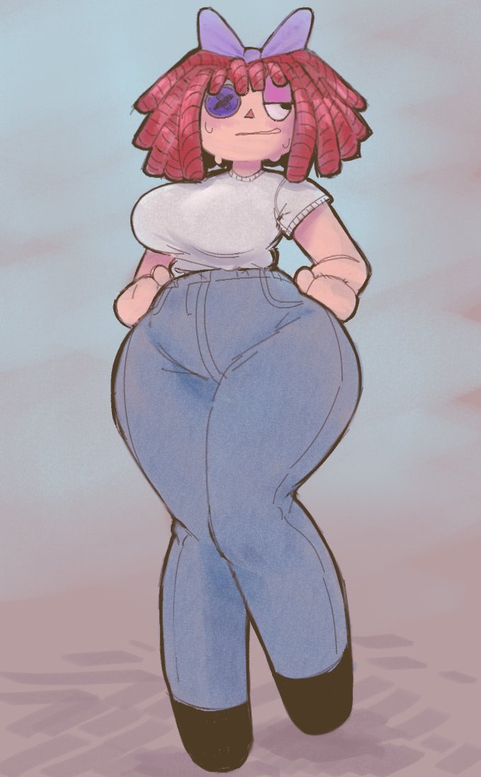 big breasts, big hips, bow, breasts, button eye, casual clothes, curvy, female, glitch productions, gooseworx, jeans, mom jeans, ragatha, ragatha (tadc), ragatha (the amazing digital circus), red hair, safe, sfw, spinarooz, sweat, sweating, the amazing digital circus, voluptuous female, wide hips