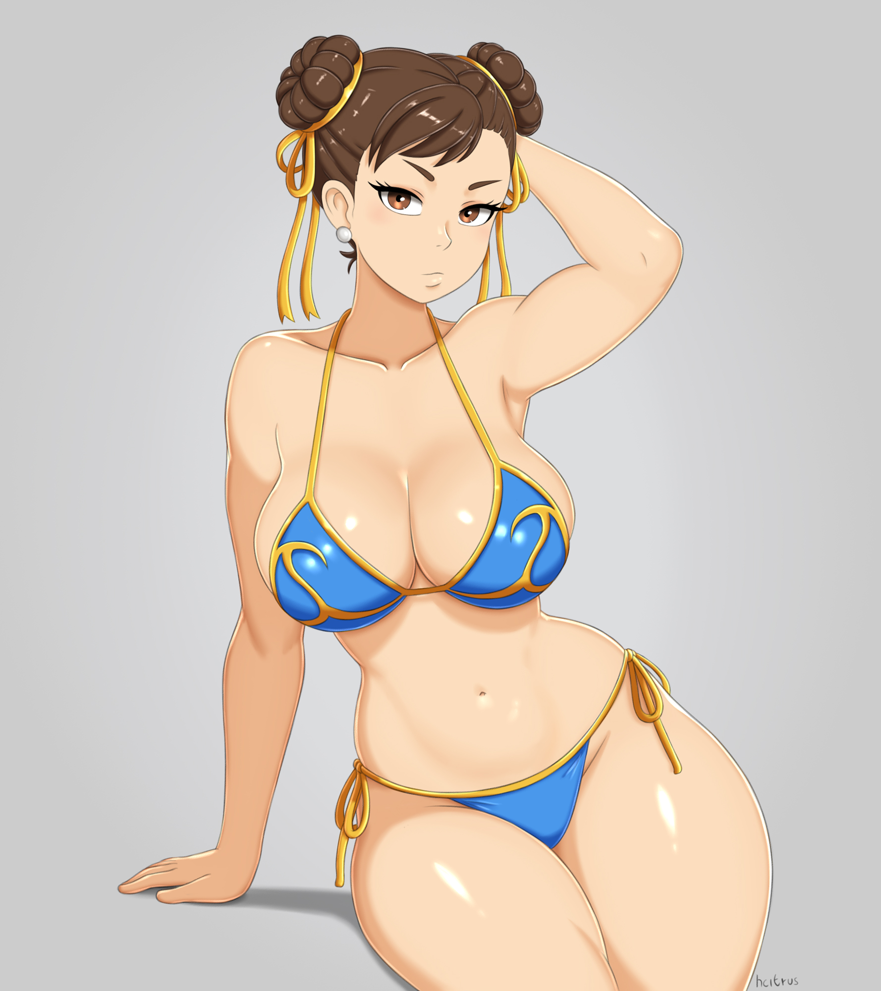 1girls, arm up, asian, asian female, bangs, big breasts, bikini, blue bikini, breasts, brown eyes, brown hair, capcom, chinese, chinese female, chun-li, cleavage, deep cleavage, double bun, earrings, eyelashes, female, gold bikini, grey background, hair bun, hair ribbon, hands behind head, hcitrus, hips, light skin, light-skinned female, looking at viewer, mature female, milf, navel, overflowing breasts, sideboob, simple background, sitting, street fighter, street fighter 6, thick thighs, toned female, twin buns, watermark, wide hips