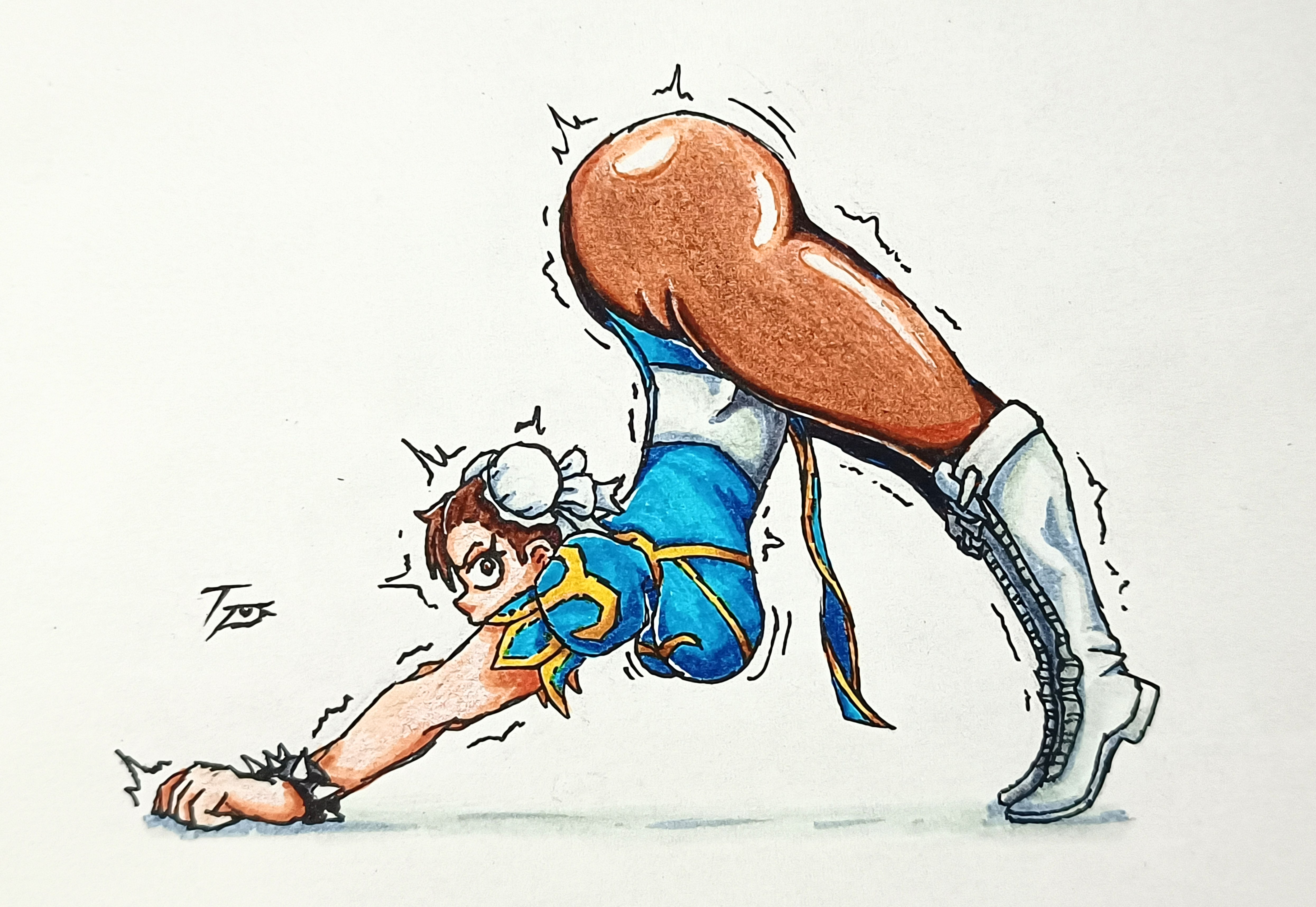 anime, anime girl, ass, athletic, athletic female, big, big ass, big breasts, big butt, big thighs, blue outfit, boots, breasts, brown eyes, brown hair, chun-li, chun-li (fortnite), chun-li (street fighter 6), clothed, clothed female, clothes, clothing, curvy, curvy body, curvy female, curvy figure, curvy thighs, dynamic pose, fat ass, female, frankart petrov (artist), gold trim, huge ass, huge breasts, meme, no sex, one female, pantyhose, pose, short hair, spiked bracelet, street fighter, street fighter ii, thick ass, thick legs, thick thighs, video games, white boots, yoruichi pose, yoruichi stretch
