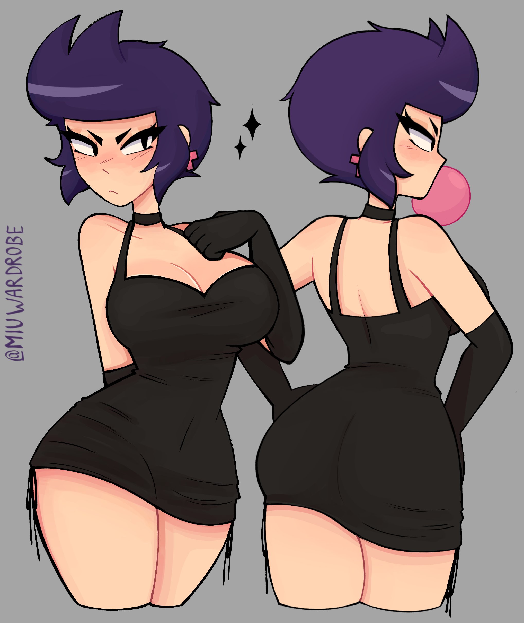 armwear, bibi (brawl stars), big breasts, black dress, brawl stars, breasts, dark blue hair, dress, female, female only, miuwardrobe, thick thighs, thighs