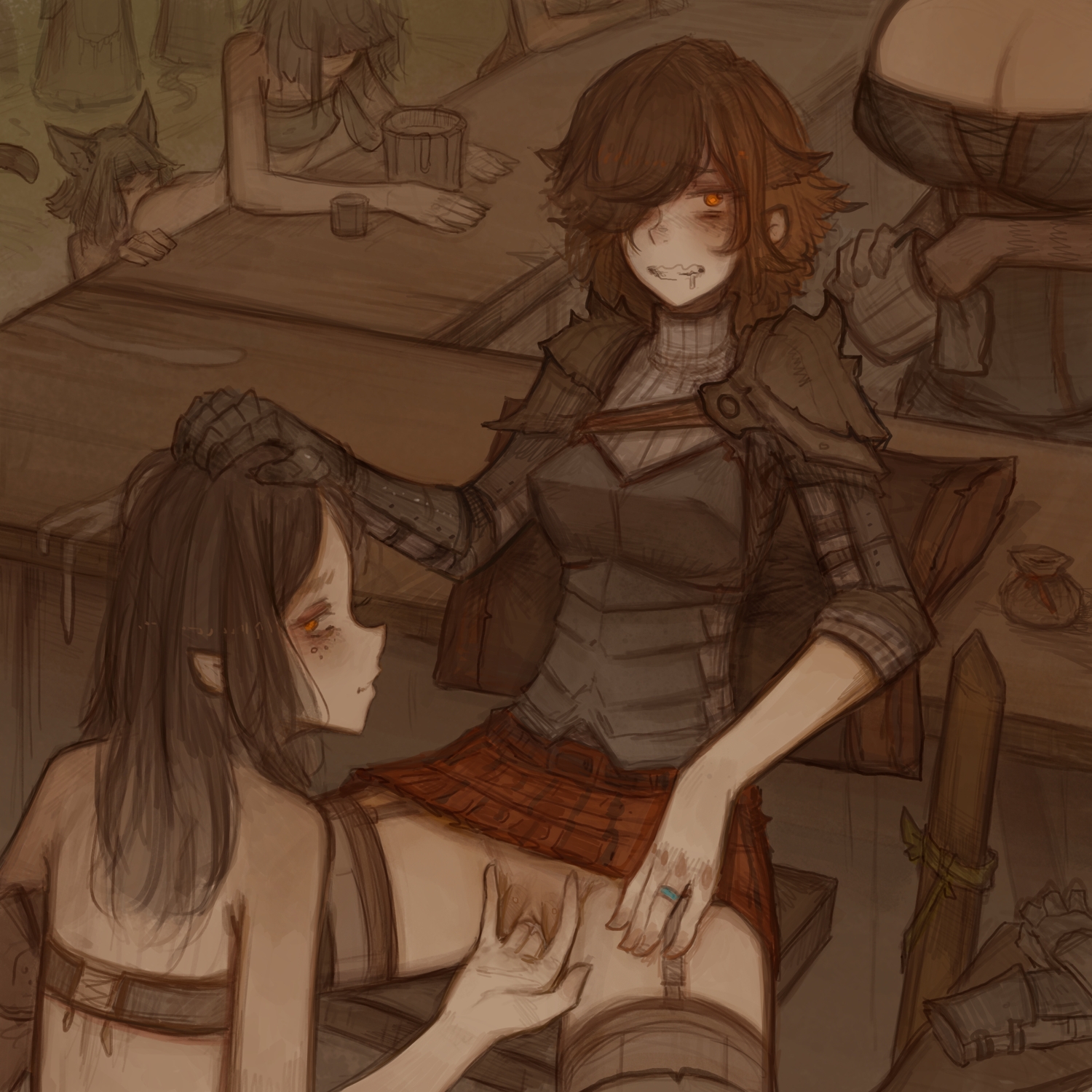 armor, armored female, ass eating, bartender, female, fingering, multiple females, multiple girls, public, syvaron