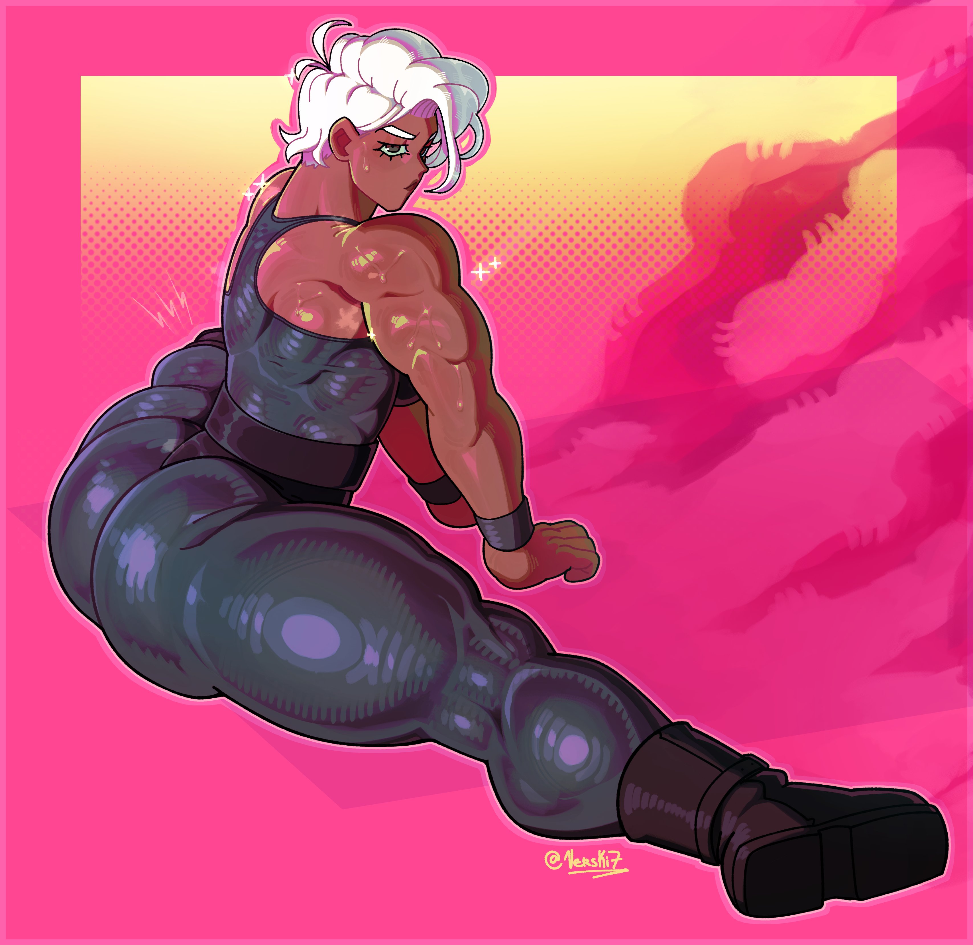 1boy, 2025, 2d, ambush (trap), ass, back muscles, boots, bracelet, bracelets, brown eyes, calf muscles, calves, color, dark skin, dark-skinned femboy, dark-skinned male, dark-skinned sissy, dark-skinned twink, femboy, glistening, glistening body, glistening skin, leg muscles, male, male only, muscles, muscular, muscular ass, muscular legs, muscular male, muscular thighs, original, pants, shiny, shiny skin, side view, solo, solo male, split, splits, splits position, spread legs, spreading, stretch, stretching, stretching legs, tank top, thick ass, thighs, verski7, white hair