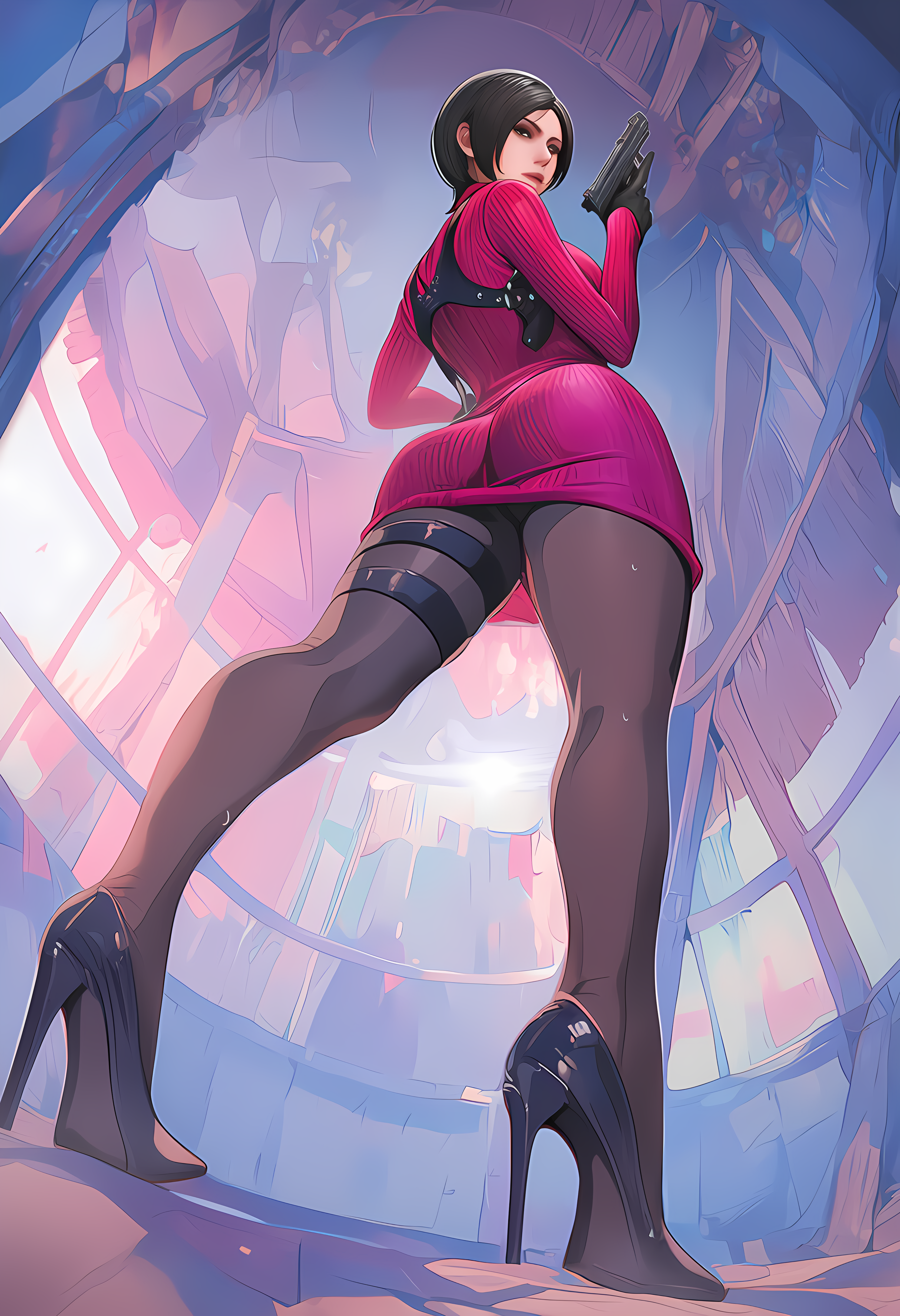 1girls, ada wong, ai generated, arched back, ass, ass focus, below view, black hair, black high heels, black legwear, clothing, color, day, dress, female, female focus, female only, fisheye, from behind, from below, full body, gloves, gun, handgun, hi res, high heels, highres, holding gun, holding object, holding weapon, indoors, inside, izacru0, legs, legwear, looking back, looking down, low-angle view, portrait, red clothing, red dress, resident evil, shoes, short hair, solo, solo female, solo focus, standing, stockings, straight hair, sweat, tactical gear, thick ass, thigh strap, thighhighs, thighs, very high resolution, weapon, worm's-eye view