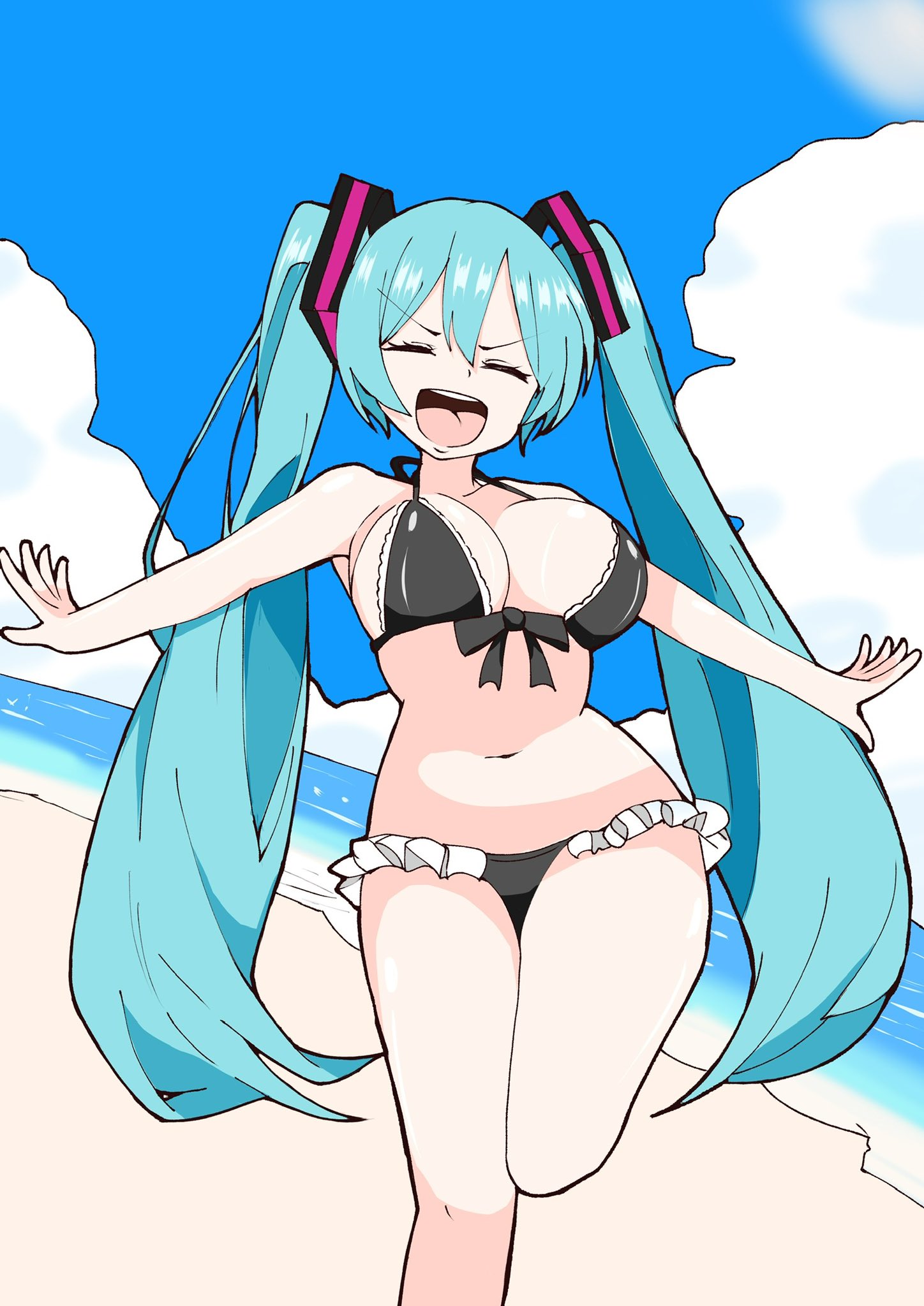 1girl, aqua hair, beach, big breasts, bikini, black bikini, breasts, closed eyes, cloud, day, female, hatsune miku, hitorikanawo, large breasts, long hair, navel, ocean, open mouth, outdoors, outstretched arms, sky, smile, solo, swimsuit, twintails, very long hair, vocaloid, voluptuous female